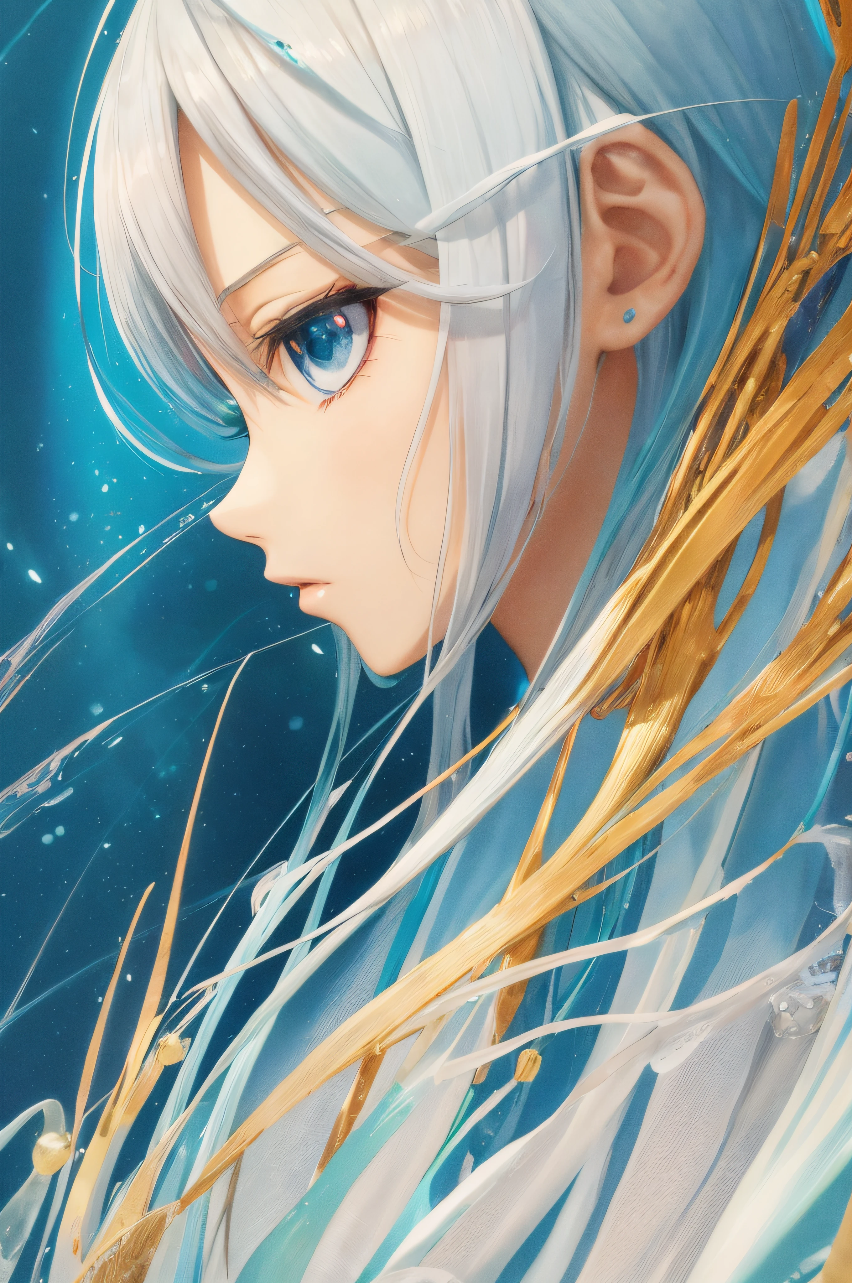 personagem de anime com cabelo branco e olhos azuis em um fundo azul, perfil de menina anime, arte de anime digital, arte abstrata de anime, Ayanami, Digital anime illustration, arte digital estilo anime, arte digital estilo anime, ciano e laranja, cabelos brancos, arte digital anime, divindade de cabelos brancos, menina com cabelo branco, estilo anime 4K, senhora de cabelos brancos