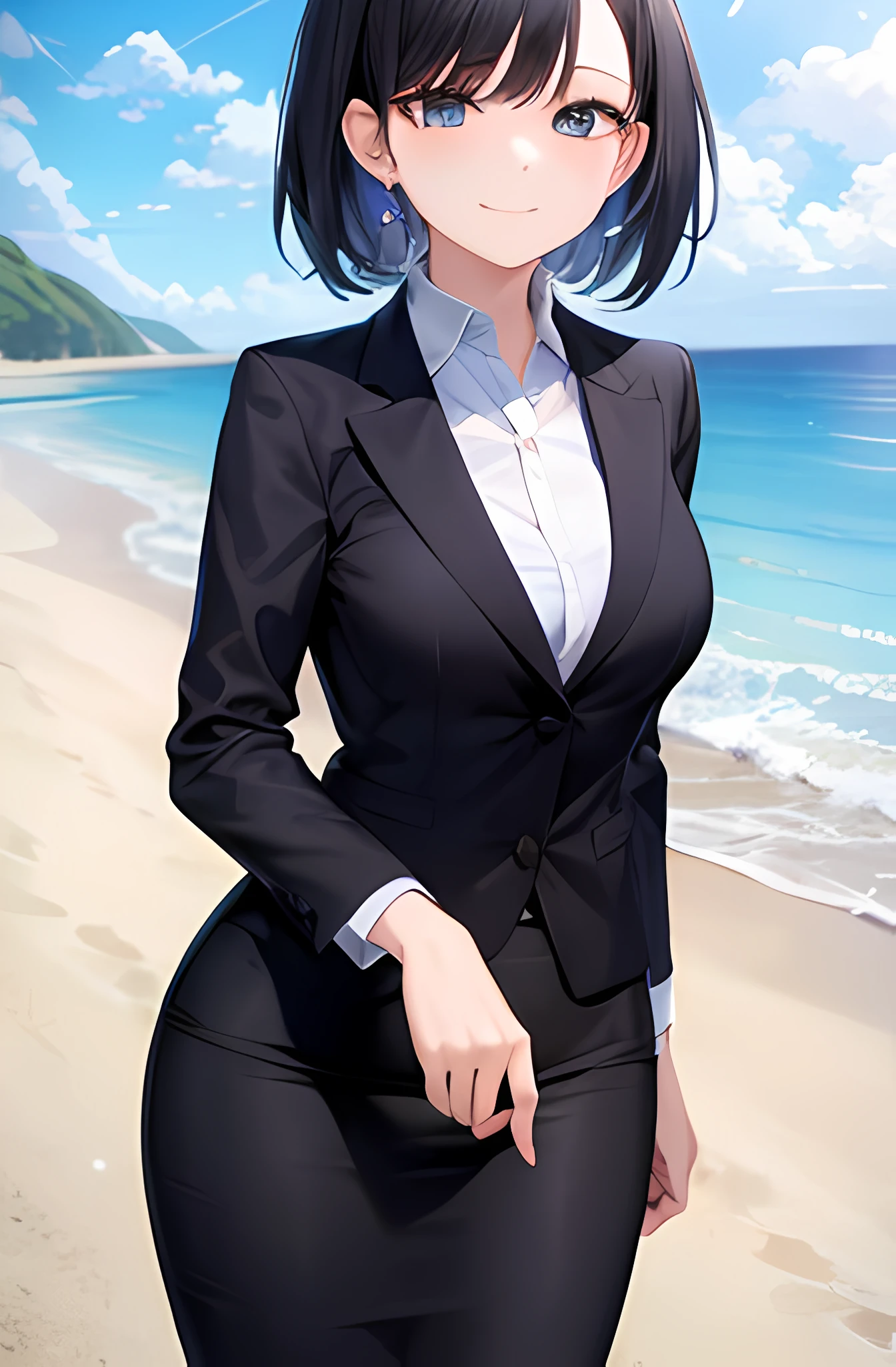 1girl, suit, beach, office lady, black skirt, black blazer, pencil skirt, blue hair, light blue eyes, smiling, teenager