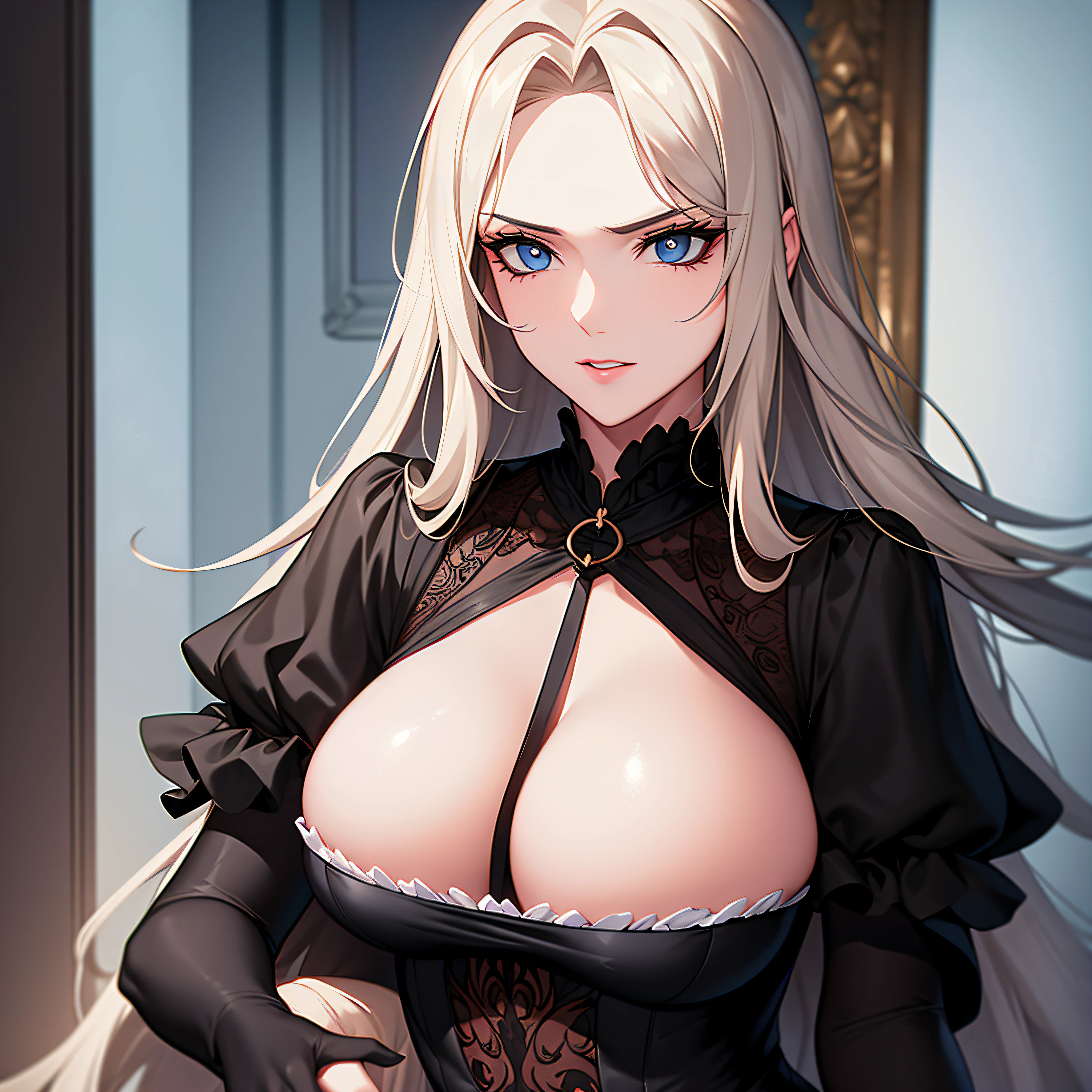 Suitable agitated lady with visible cleavage, melhor qualidade, olhos expressivos, rosto perfeito, quadris largos e cheios