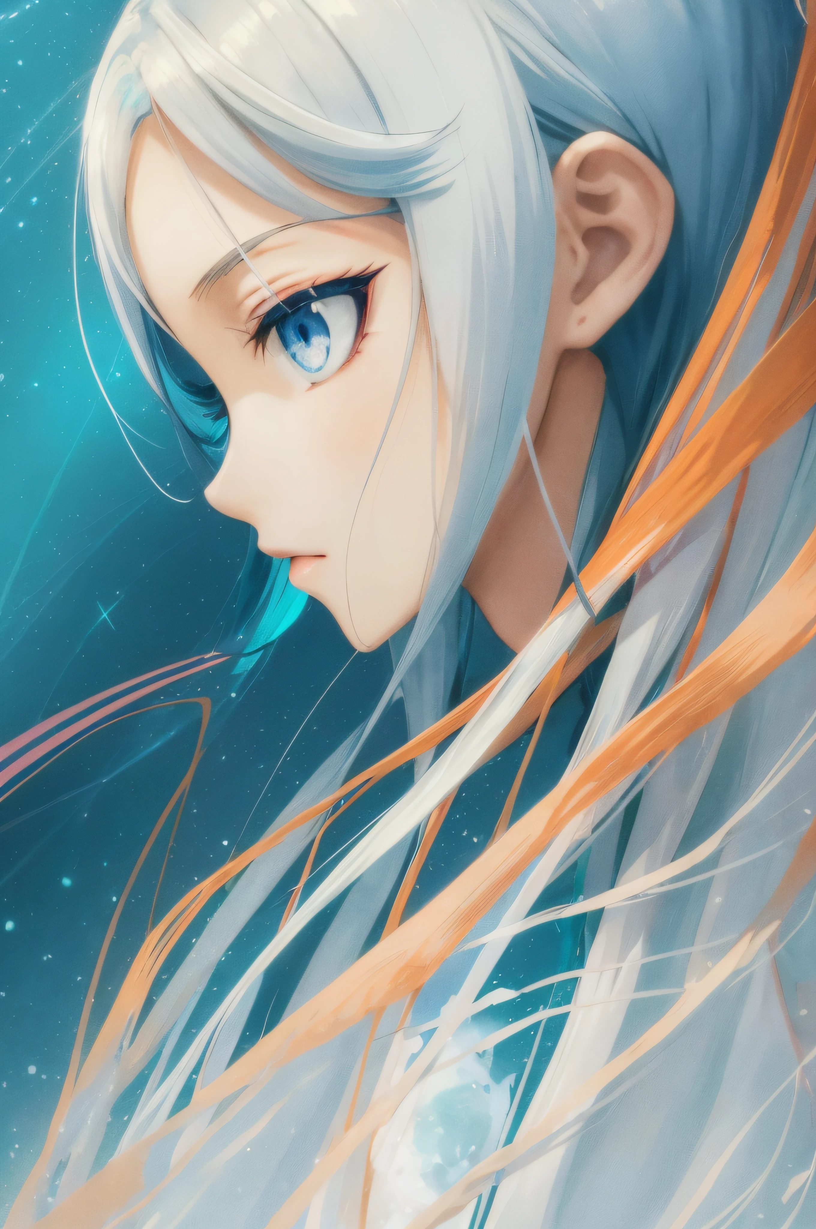 personagem de anime com cabelo branco e olhos azuis em um fundo azul, perfil de menina anime, arte de anime digital, arte abstrata de anime, Ayanami, Digital anime illustration, arte digital estilo anime, arte digital estilo anime, ciano e laranja, cabelos brancos, arte digital anime, divindade de cabelos brancos, menina com cabelo branco, estilo anime 4K, senhora de cabelos brancos