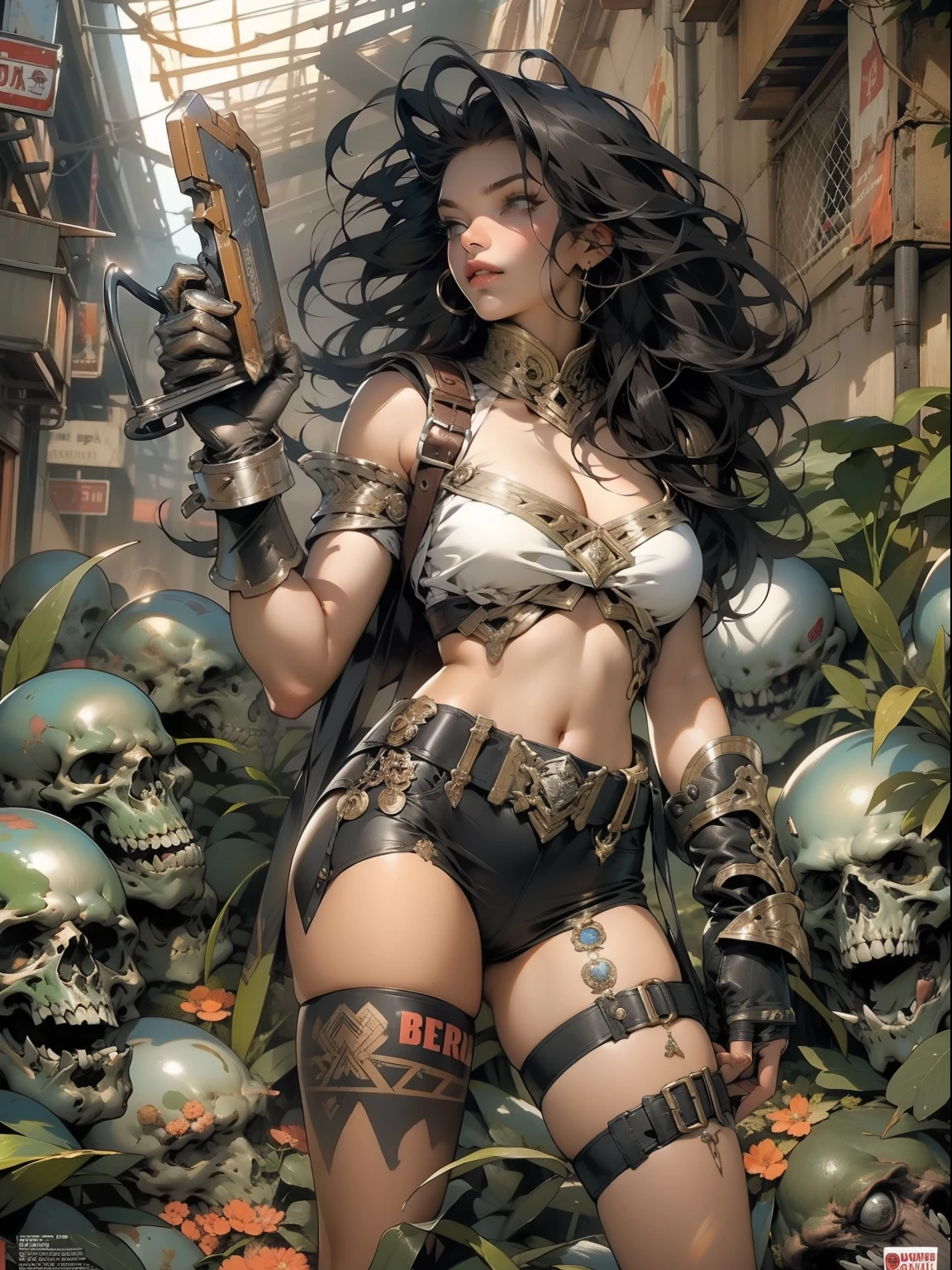 close de uma guerreira mulher de 35 anos musculosa quase nua no estilo Simon Bisley para a capa da revista Heavy Metal, cabelo metade preto metade branco, Minimum clothing, Roupas curtas, (((mulher))), (((melhor qualidade))), (((obra prima))), (((adulta))), Uma guerreira mulher de 35 anos com corpo perfeito, Brooklyn Gladiators, hand with steel gloves and metal tips, (( under boobs )), (( Tiny thong )), quase nua no estilo selvagem urbano de Simon Bisley para a capa da revista 2000 A.D., cabelo curto desalinhado, Minimum clothing, arm with heavy metal protection full of tips, tatuagem tribal, estrelas de 5 pontas, (((corpo inteiro))), cabelo preto curto com franja branca cobrindo a testa