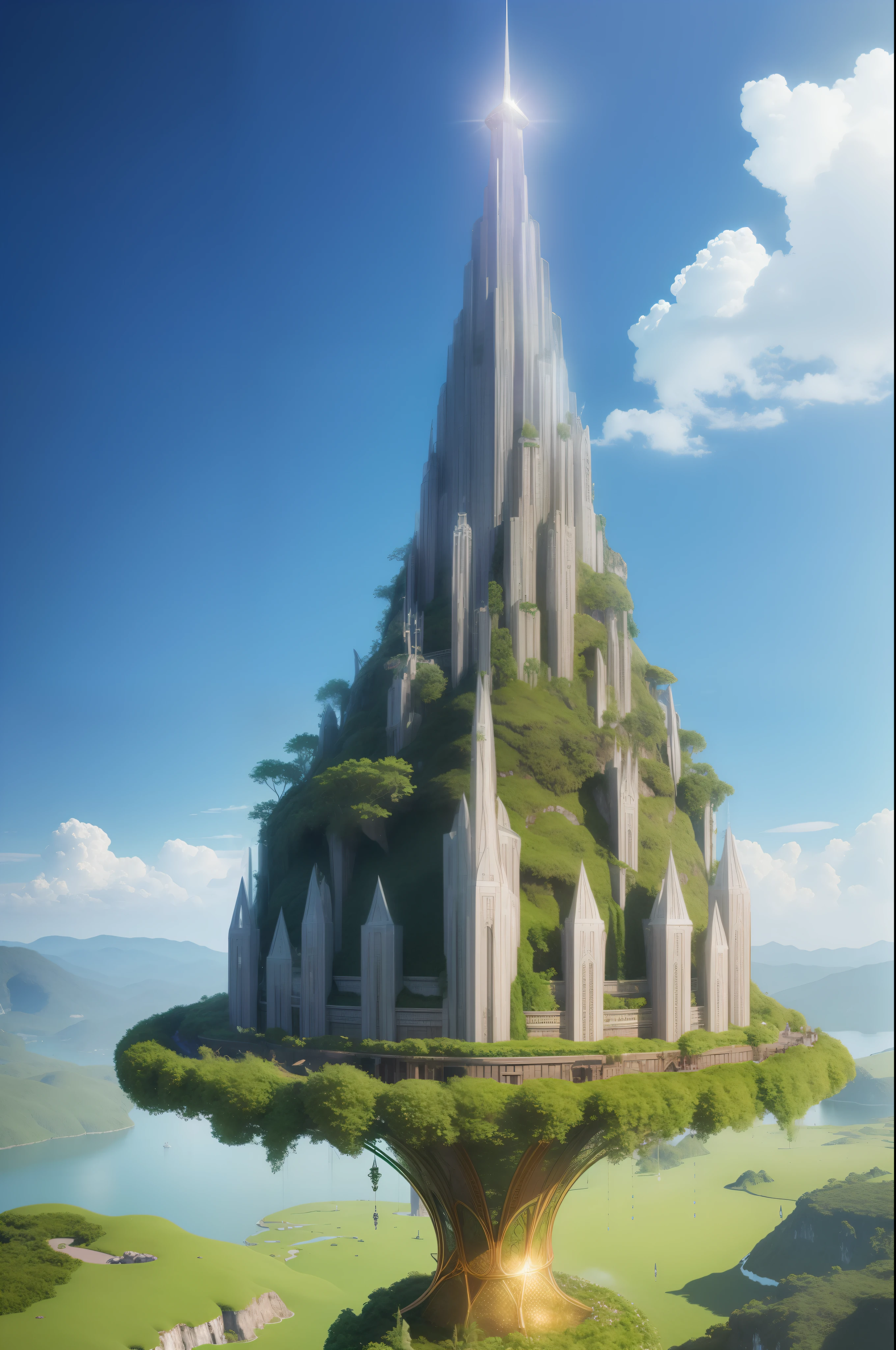 a huge floating island, with emerald green grass, where all the plants pulsate golden or silver light, a crystal tower in the center emanating from its tip violet energy towards the planet earth.
