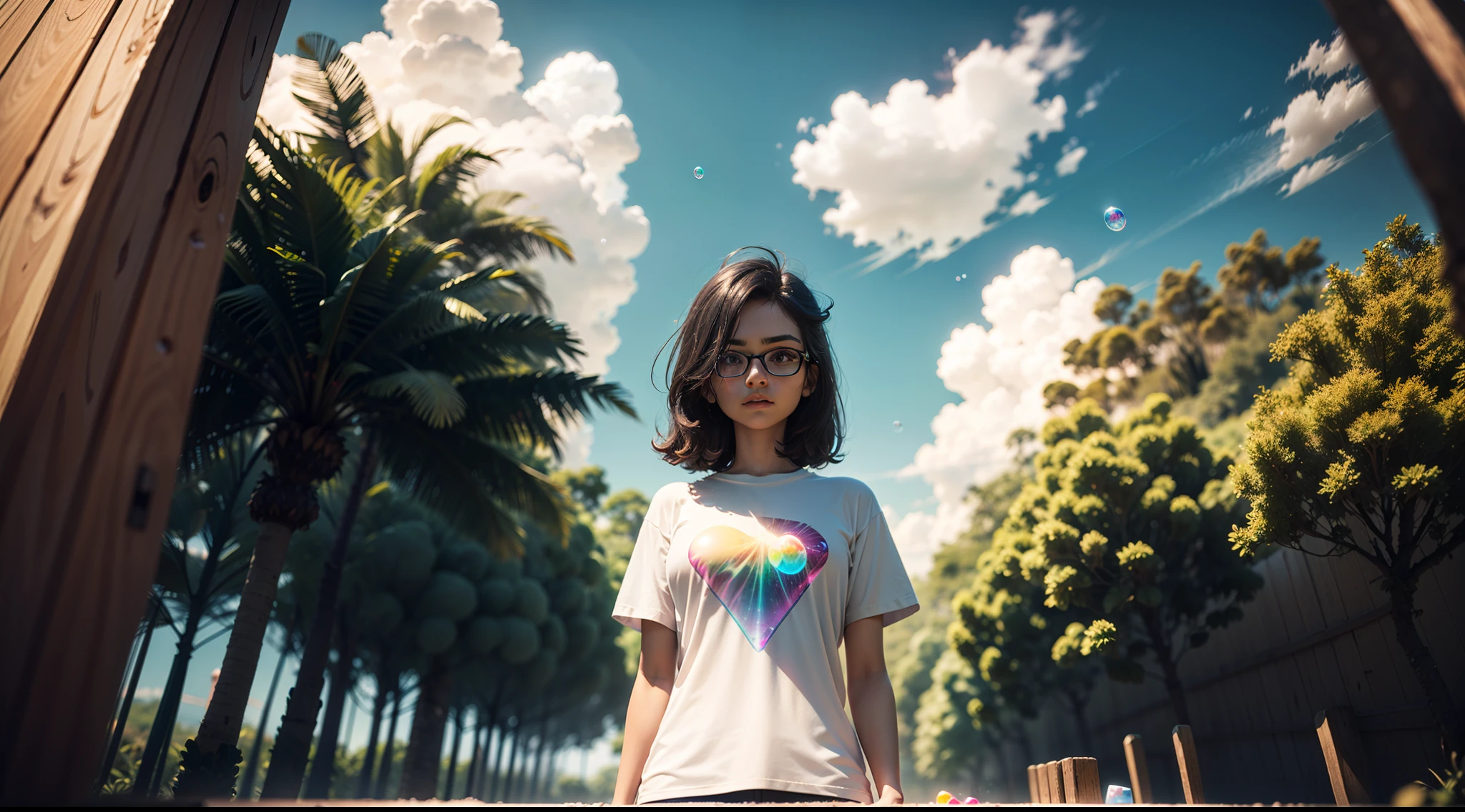 3d masterpiece, one standing Tshirts product design standing in front looking at camera, detailed, mid shot, diamond color, colorful clouds and neon soap bubbles, jungles background'