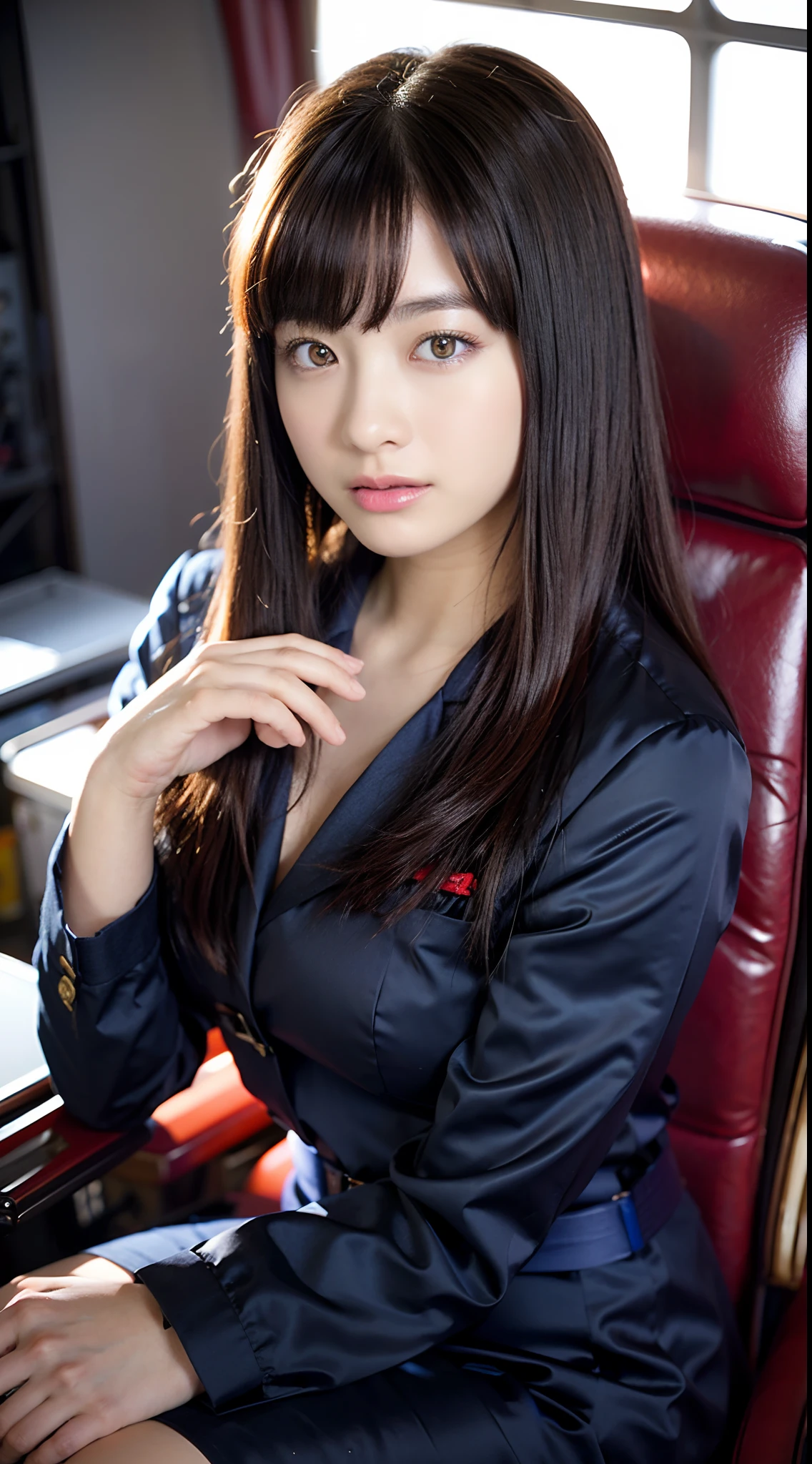 top-quality, masterpiece, 8K, 超A high resolution, (Photorealsitic:1.4), Highly Detailed and Complex Detail, Delicate and beautiful, good lighting, profetional lighting, foco nítido, detailed shadow, Exquisite details and textures, depth of fields, Unity 8k壁纸, 电影灯光, (((A sexy,Exposing breasts))),Official art,Stewardess,cabin attendant,(Colossal tits), Cabin Crew, Black pantyhose, ((aircraft, (Aircraft corridors), Aircraft Seats)) Beautiful elegant face, A detailed face,(Unbuttoned shirt), A detailed eye、Realistic hair、length hair、(1girl in)、(is standing:1.3)