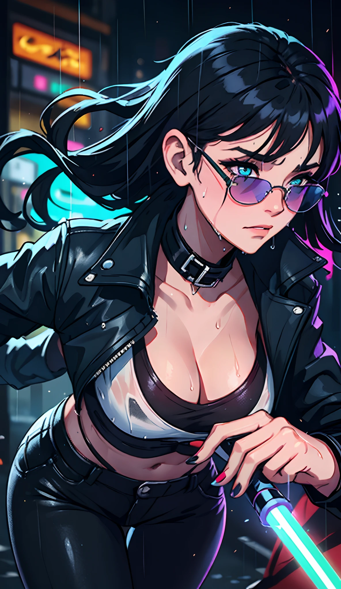 beautiful white female, wearing mesh, dynamic pose, holding lightsaber, fighting several levitating attacking lightsabers, sunglasses, nighttime, black straight hair, rainy, no umbrellas, all black outfit, tokyo setting, neon blue lights, wet hair, wet body, black jacket, black pants, black nail polish, depressed, dim lighting, fringes, tendrils, wet hair on face, cleavage, toned body, eyeliner, eyeshadow, black collar