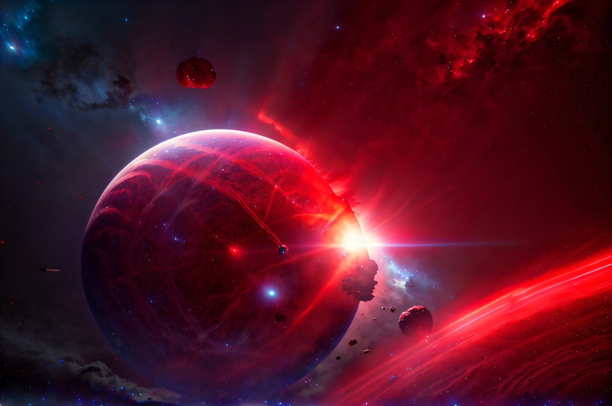 A space station located in space amidst the vast expanse of stars, planets, and galaxies would be a remarkable feat of engineering.(((masterpiece))), ((best quality)), realistic, 8k, ultra-detailed, realistic, scenery, ConceptArt, Highly detailed RAW color Photo, side Angle, (lens flare:0.7), particle effects, raytracing, cinematic lighting, shallow depth of field, photographed on a Sony Alpha 1, 50mm wide angle lens, sharp focus, cinematic film still, dynamic pose., (red look:1.3)