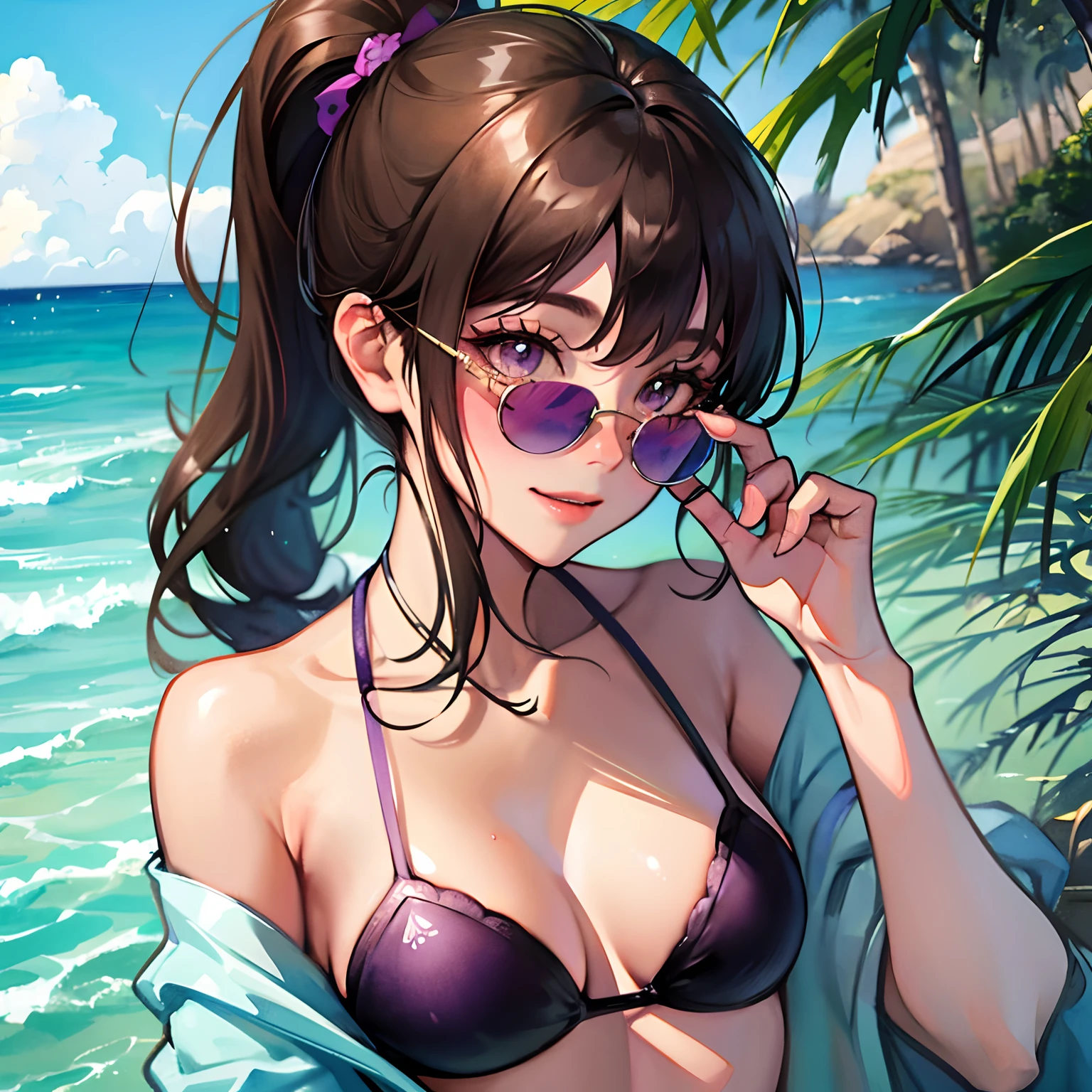 {watercolor: 2.0}, summer, {detailed character}, 1girl, {tan}, black hair, ponytail, purple eyes, medium breasts, slightly realistic, detailed scenery, purple bikini, character upper focus, beach, confident, smile, blush, {beautiful eyes}, sunglasses