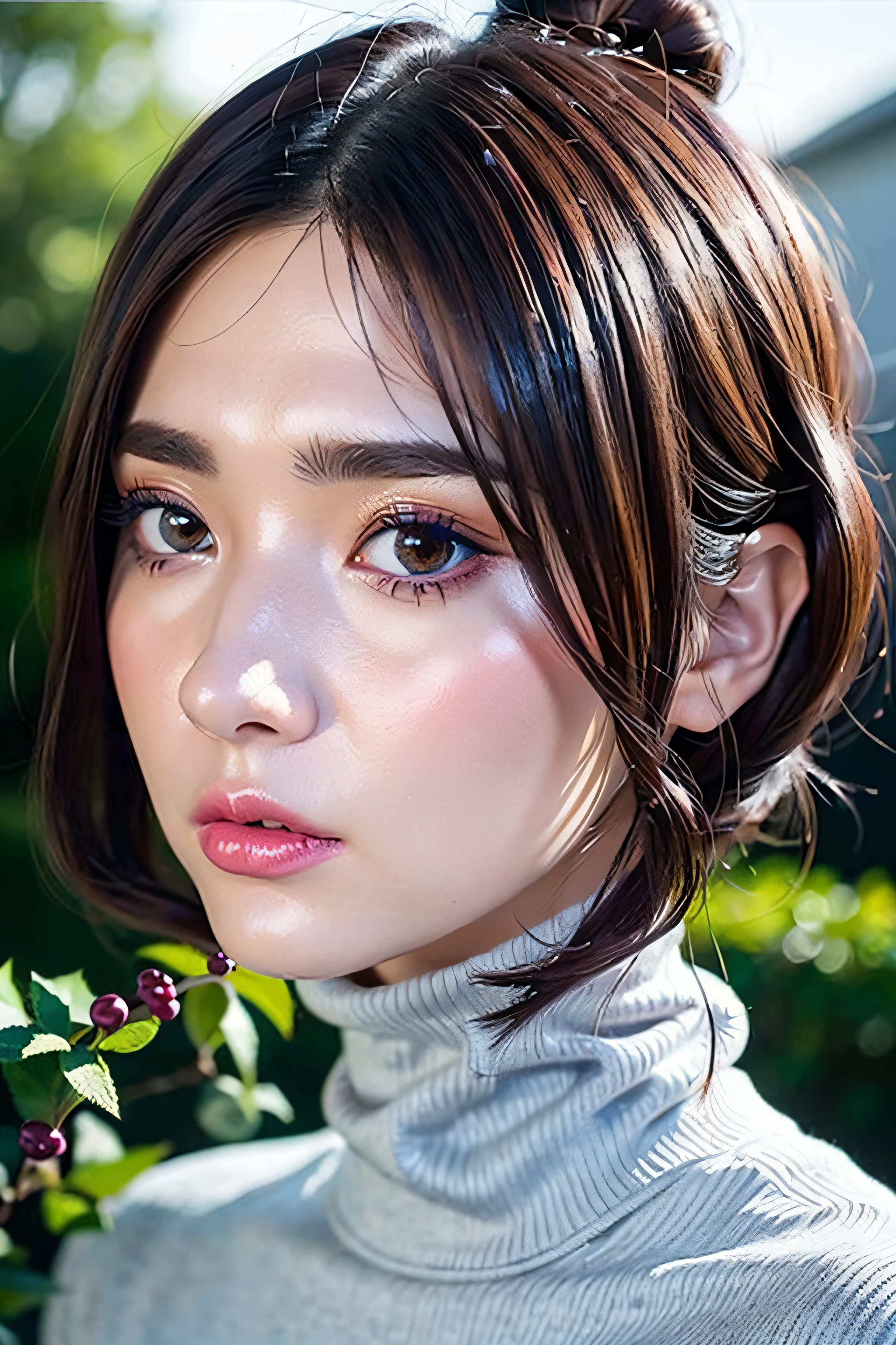 (MASTERPIECE:1.2),(CGI ART:1.3),(REALISTIC:1.5),(POST PROCESSING:1.3),(SHARP FOCUS:1.3),8K,1 girl, (boysenberry hair, boysenberry eyes, angry, (Portrait)), ((turtleneck)), (((shiny skin))),garden, (high shadows detail) , (ILLUSTRATION:1.2), (ulzzang-6500:1.0)