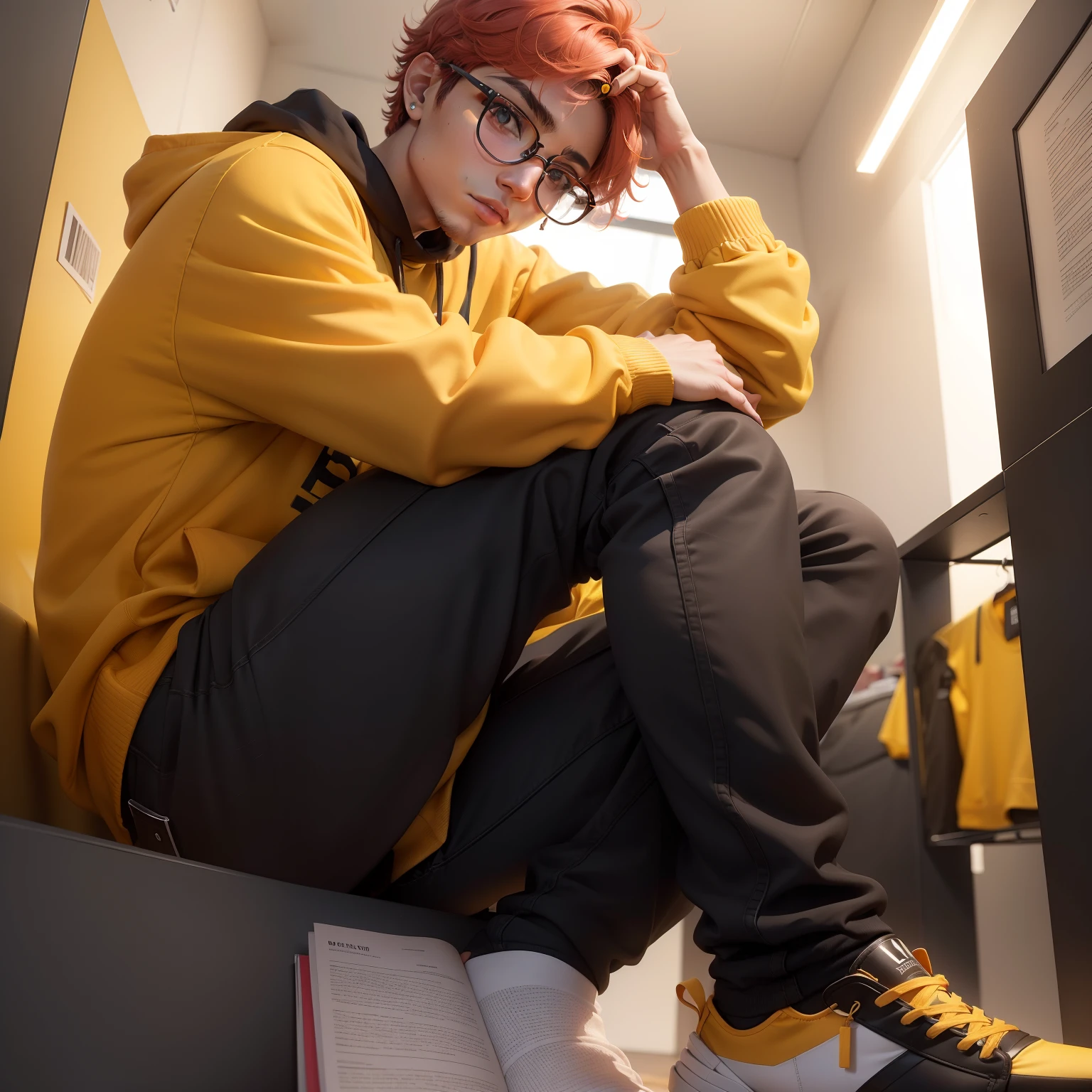 um jovem com longos cabelos vermelhos, wearing a vibrant yellow sweatshirt that contrasts with his black pants. He complements the look with round glasses that enhance his curious and modern expression