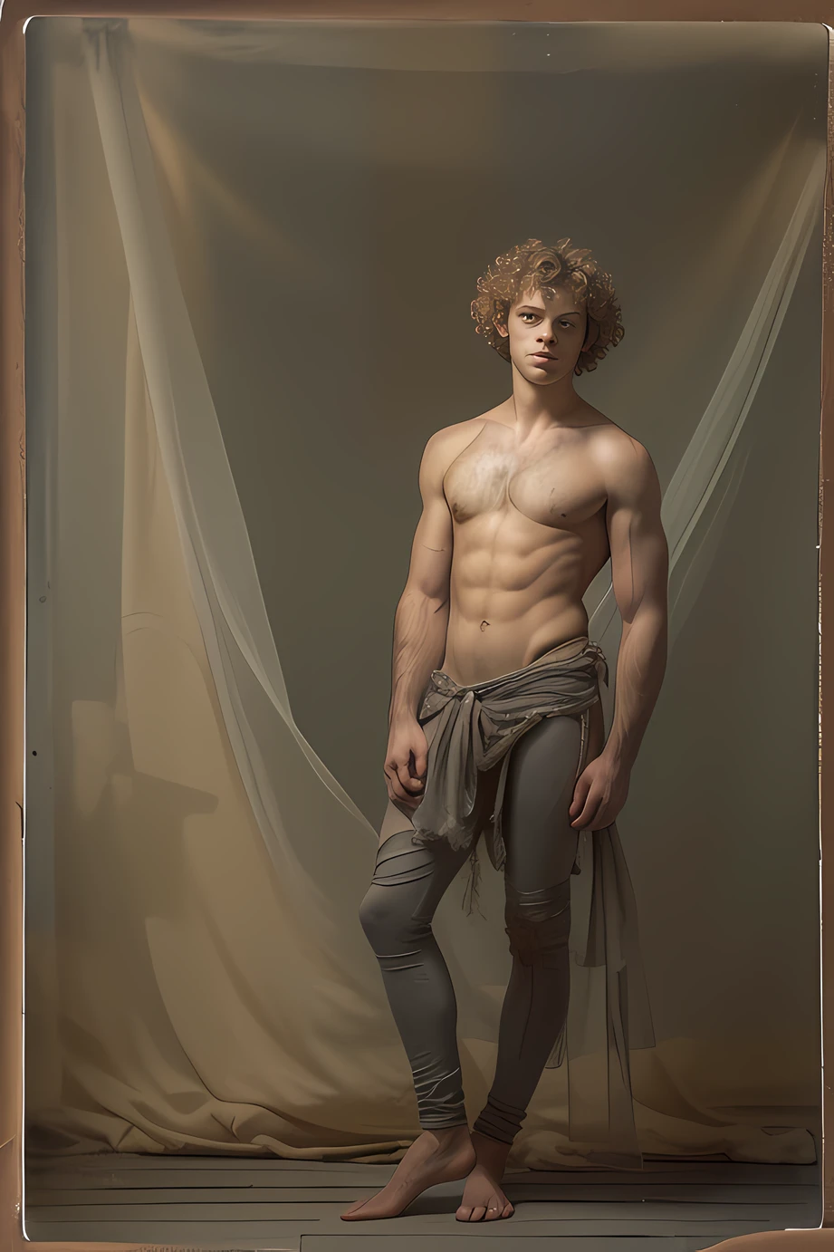 ((dirty studio backdrop, dirty gray floor)), lifelike realist photo, handsome young naked male, buzzcut, ((rugged hairy body type)), running thoughtful, beautiful face, (((full-length portrait!))), a surrealist photography, (full body)), a shirtless man standing wearing a bdsm leather harness, a photography, photography inspired by Michelangelo Merisi da Caravaggio, polaroid, blond curls on top of his head, slender boy with a pale, napoleonic, production photo, fragonard, diaphanous translucent cloth, of a shirtless, full body portrait, colorful landscape, fluorescence, bondage