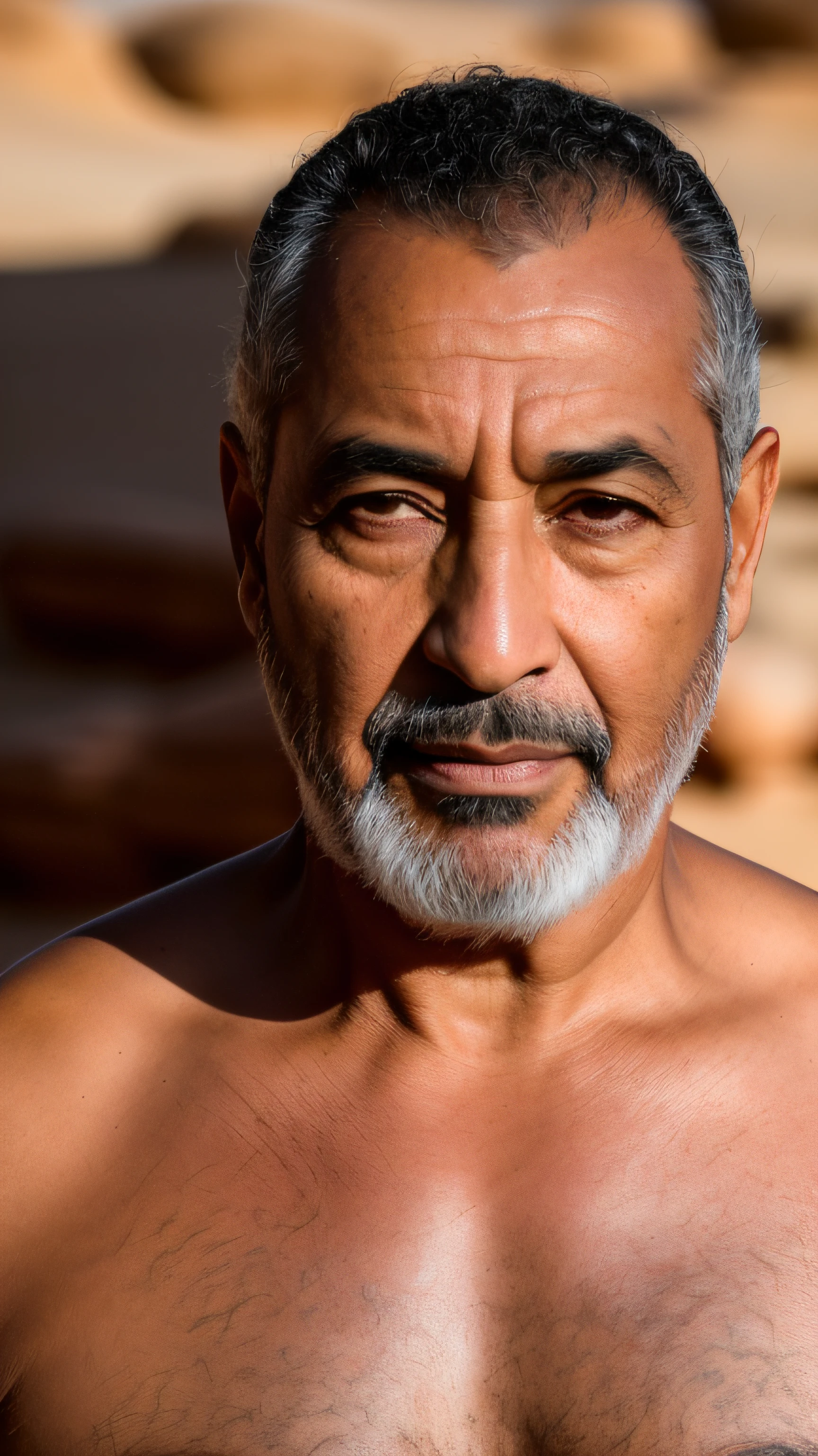 Foto RAW, foto de retrato em close de um homem mais velho, ethnic Arab with Italian, em roupas elegantes, leathery skin, Rough, olhos que viram demais, desgastados pela batalha, uma paisagem de deserto ardente, tempestades de poeira, um sol escaldante, cor intensa, (pele altamente detalhada: 1.2), 8k uhd, dslr, soft-lighting, alta qualidade, grain of film, Fujifilm XT3