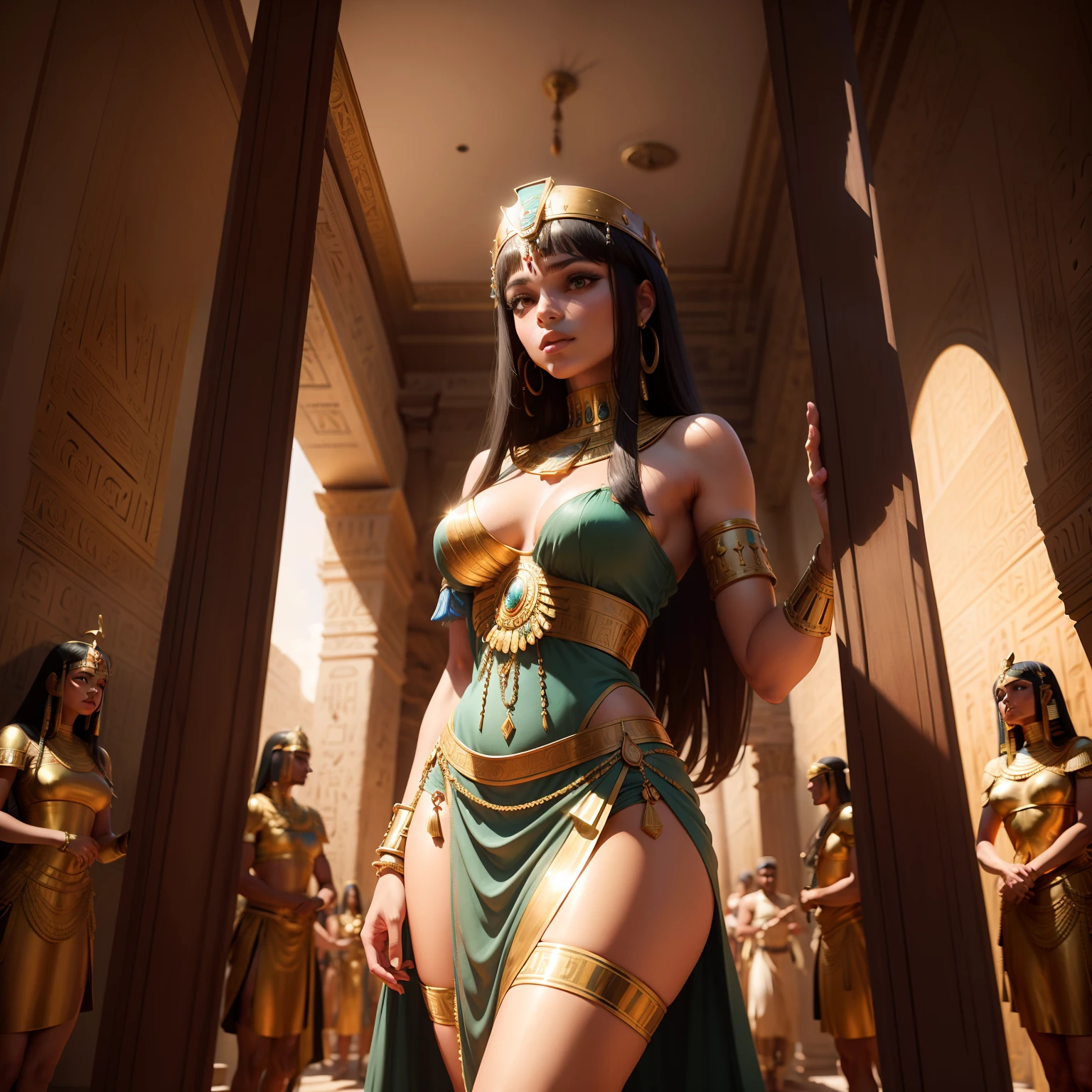 "Wide angle of guards around Cleopatra in interior hall of an enchanting ancient Egyptian pallace, adorned in an exquisite and chaste dress, surrounded by a loyal entourage men, emitting an alluring and magical aura, high quality, high detailed faces."