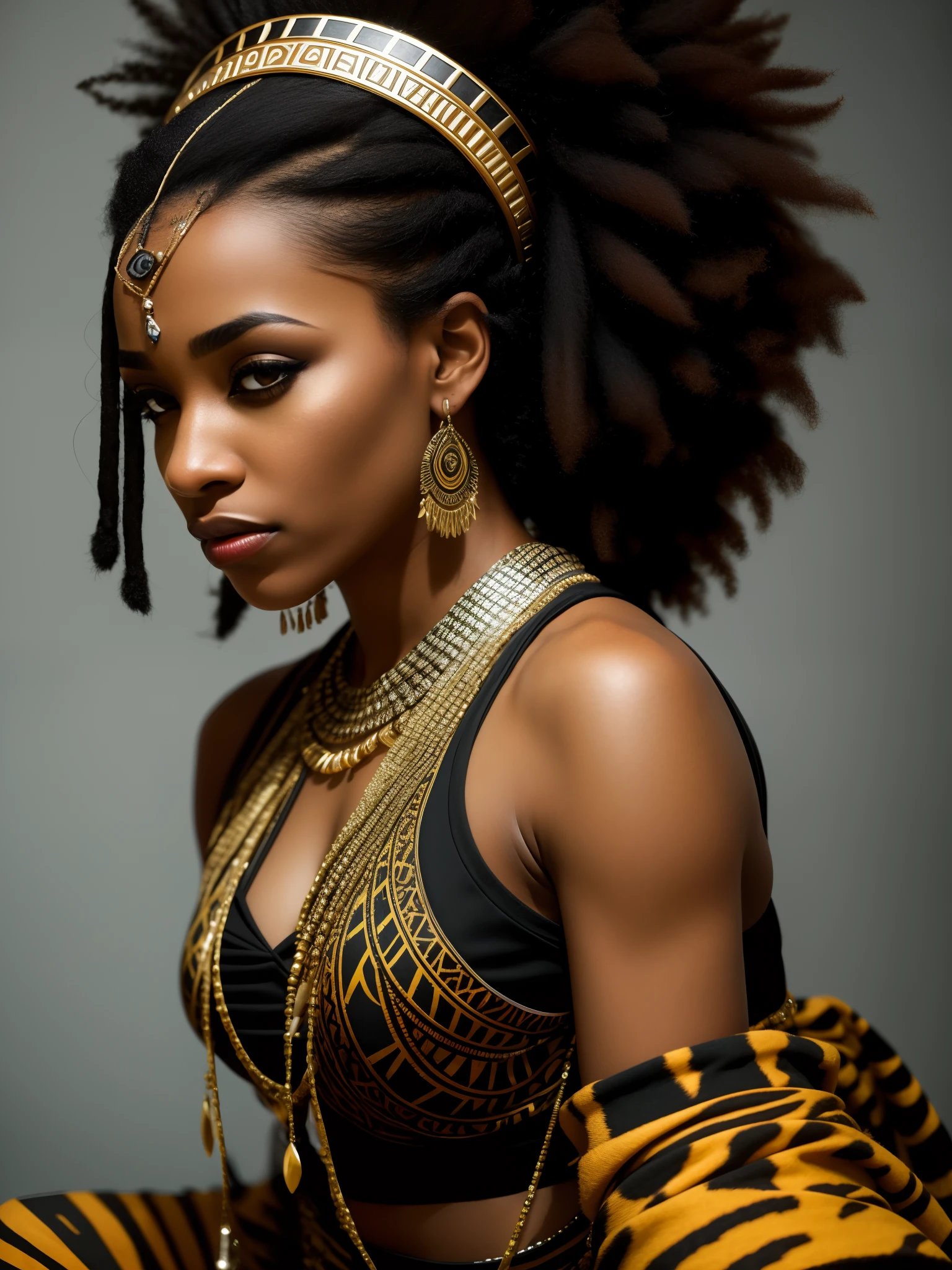 award-winning full body photo of,Araffe woman with dreads and a tiger print outfit, stunning african princess, black african princess, african princess, young black woman, african queen, young black woman, photo of a black woman, african woman, young african american, african american woman, beautiful woman, photo of a beautiful woman, traditional beauty, african, black woman, kemetic,  , sharp focus, realistic photo, detailed skin, blurred background, cinematic composition, ultra-detailed, realistic, hyper-realistic, volumetric lighting, 8k, cinematic composition