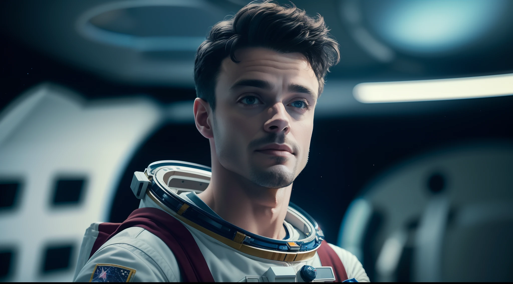 Astronaut Thomas Doherty, on a space base, similar to actor Thomas Doherty , short dark hair, realistic, film cape style, wearing astronaut suit, Wearing dark beard, best quality, ultra HD, cinematic effect, professional image, film, background of the spatial base image.