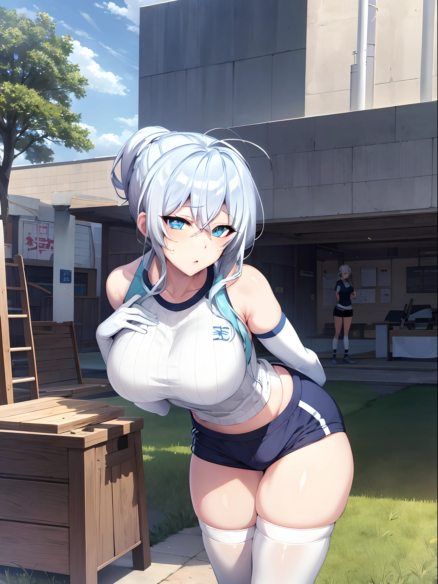 masterpiece, best quality, highres, Yukino, silver hair, blue eyes, short hair, symbol-shaped pupils, +_+, large breasts, gym uniform, white shirt, sleeveless, white gloves, elbow gloves, white shorts, gym shorts, short shorts, white thighhighs, outdoor, playground, grass, cowboy shot, standing, leaning forward,