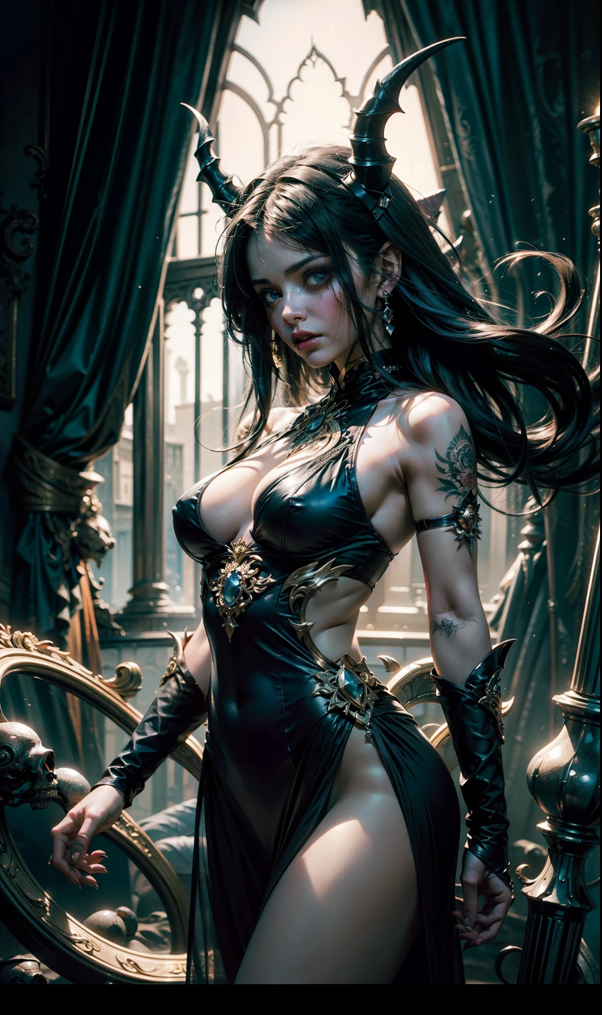 Beautiful portrait of perfect ((demonic sorceress girl)), slender body, big breasts, shapeless long hair, tiny horns, wearing revealing see-through dress, perfect features, abstract beauty, near perfection, pure form, dynamic pose, ethereal demonic background, (deep dark shadows), (strong cinematic lighting), ((rim lighting)), concept art by Greg Rutkowski and John William Waterhouse and Alphonse Mucha, stunning details, intricate details, 8k post-production, High resolution, super details, trending on ArtStation, sharp focus, depth of field f/1.8, studio photos, (((looking at camera))).