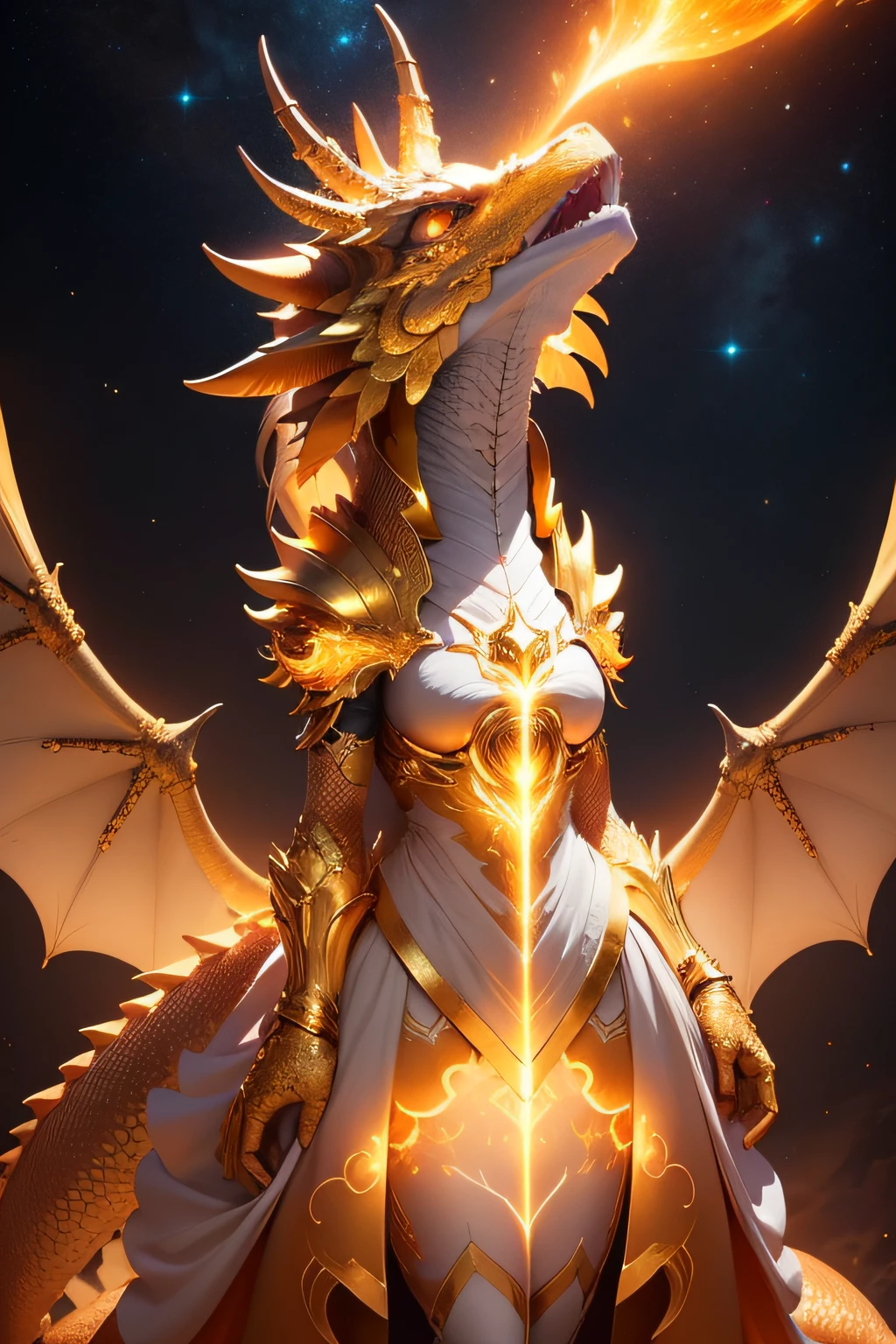 celestial white-holy-orange-heart anthro Frilled dragon in golden universe life warm night,epic cinematic BG,hyper detail,hyper quality,hyper detail equipment,8k,Accurate Anthro Anatomy,Enchant Color,Dynamic Light