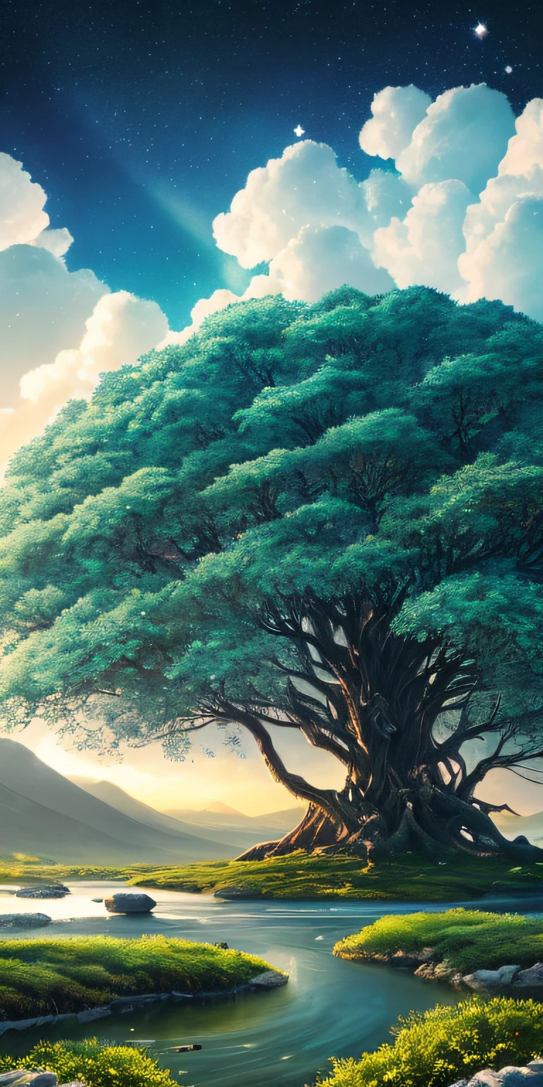 Illustration of a hyperrealistic , otherworldly, ultrasky scene featuring a giant crystal tree full body,very detailed and magical lighting, intricate forest details, vegetation and river around, solarpunk ,landscape, giant tree, beatifull leafy with beautiful lighting and realistic proportions, as if it were a cinematic background, 8k, highest quality, masterpiece, clouds and stars in the sky.