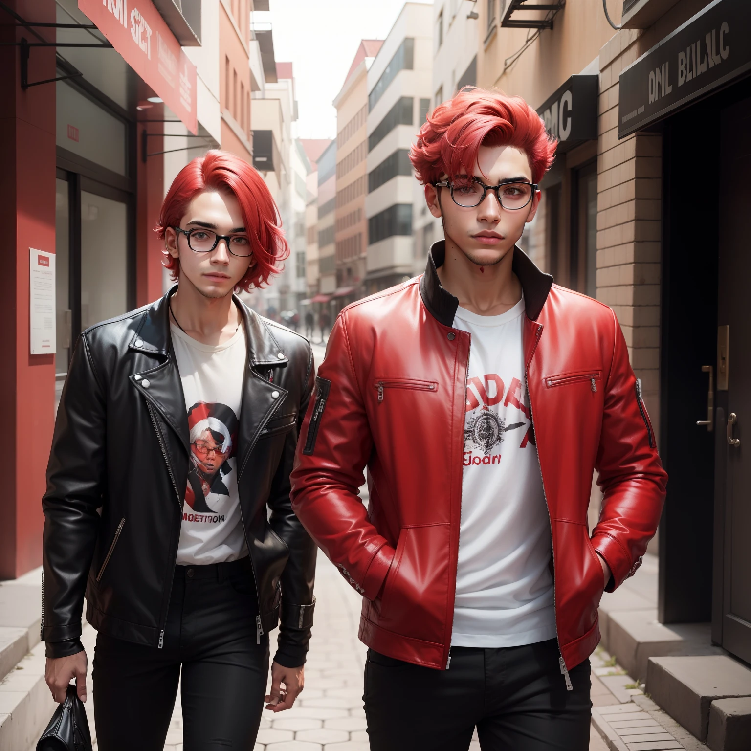 um jovem com longos cabelos vermelhos, wearing a red jacket that contrasts with his black pants. He complements the look with round glasses that enhance his curious and modern expression