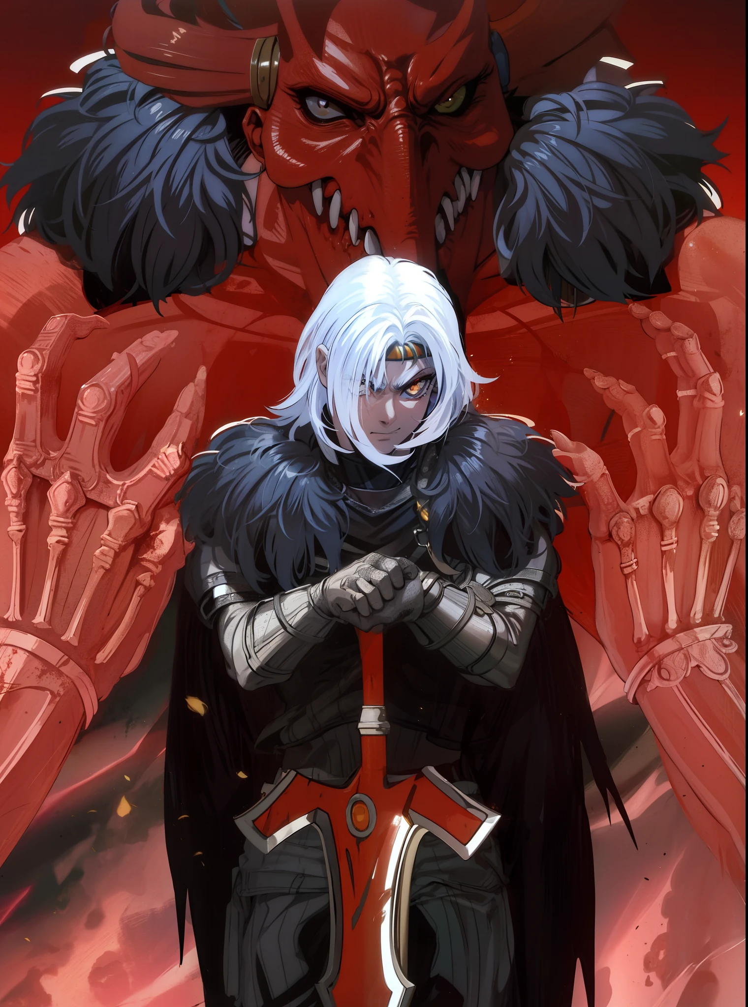 homen ,cavaleiro , pele marrom ,olhos amarelos, Giant demon