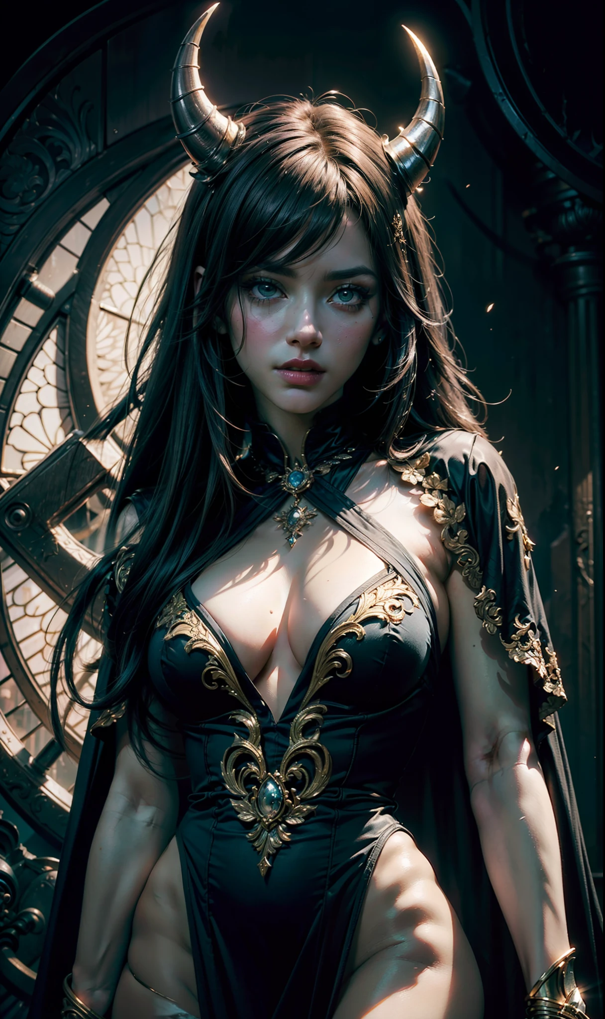 Beautiful portrait of perfect ((demonic sorceress girl)), slender body, big breasts, shapeless long hair, tiny horns, wearing revealing see-through dress, perfect features, abstract beauty, near perfection, pure form, dynamic pose, ethereal demonic background, (deep dark shadows), (strong cinematic lighting), ((rim lighting)), concept art by Greg Rutkowski and John William Waterhouse and Alphonse Mucha, stunning details, intricate details, 8k post-production, High resolution, super details, trending on ArtStation, sharp focus, depth of field f/1.8, studio photos, (((looking at camera))).