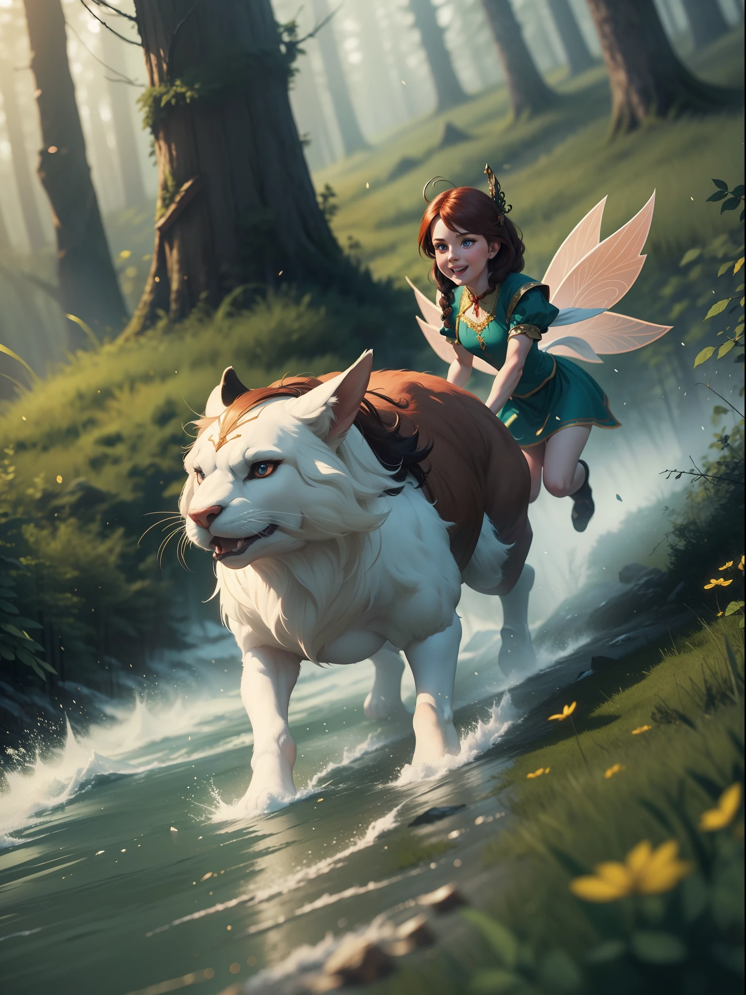 dynamic scene. Russian fairy tale. Close-up of cheerful moving characters. Cartoon style. Super realistic. Cinematic. Very dark blurred forest background. Light haze. 8K --auto --s2