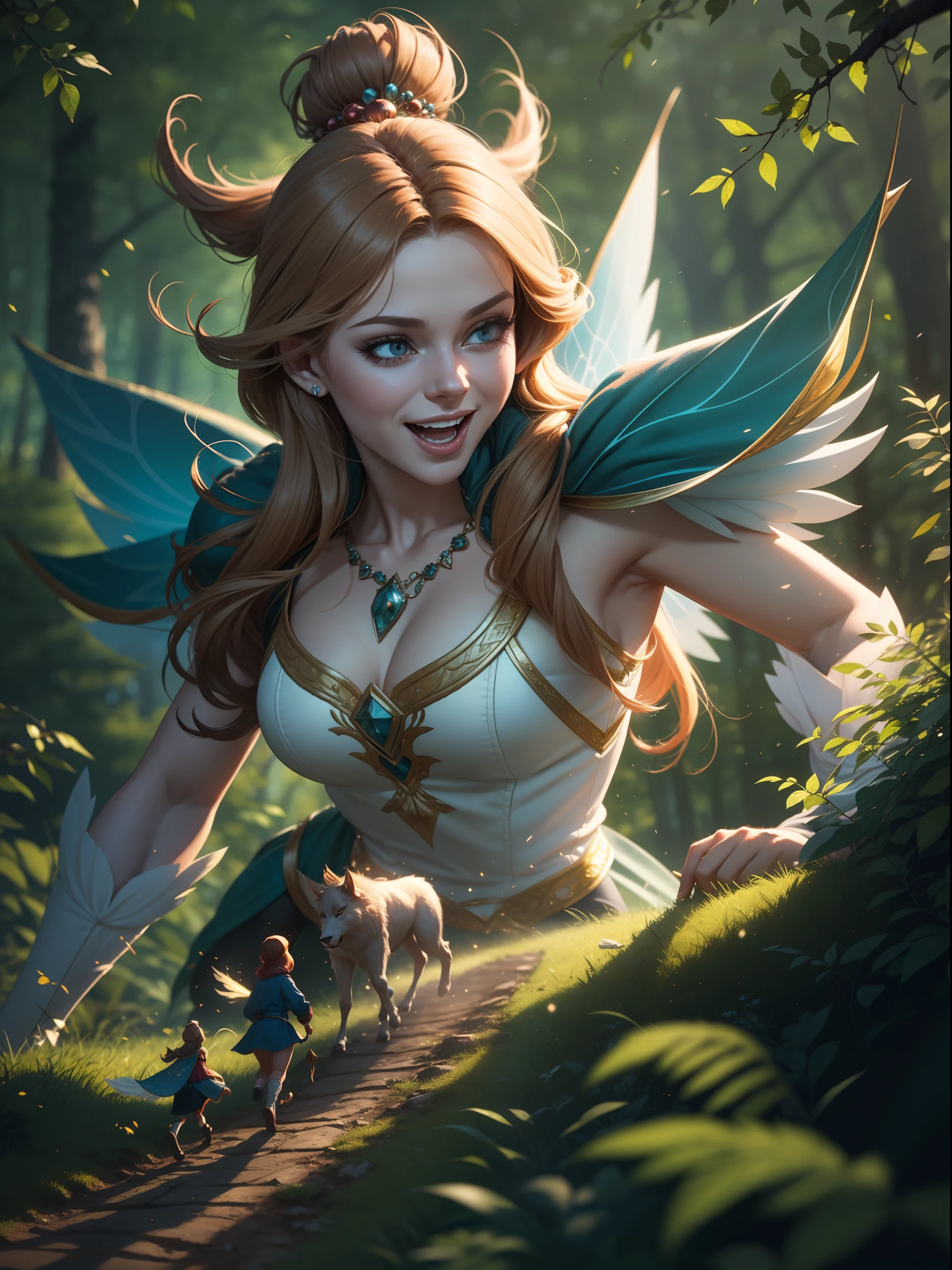dynamic scene. Russian fairy tale. Close-up of cheerful moving characters. Cartoon style. Super realistic. Cinematic. Very dark blurred forest background. Light haze. 8K --auto --s2