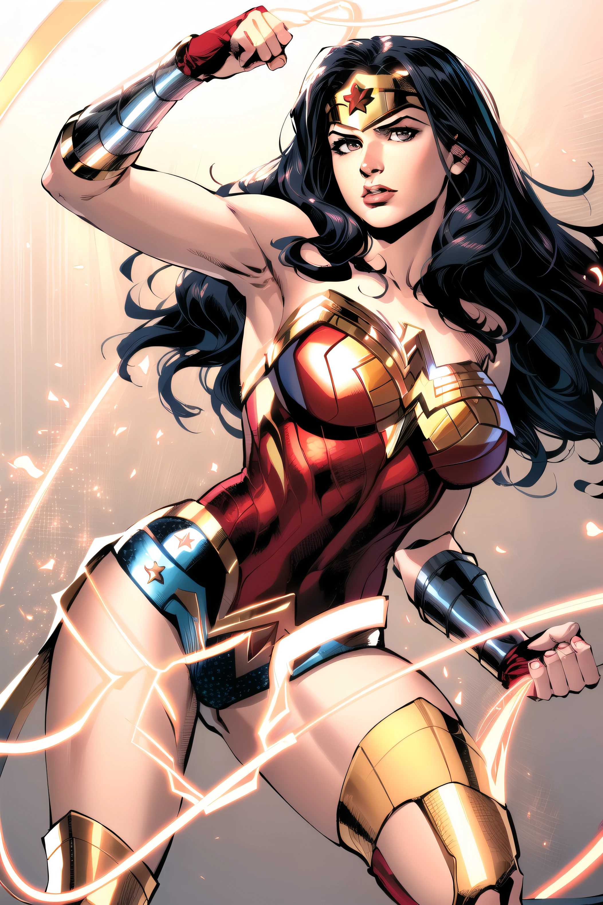 jim lee,
wonder woman, 1girl, armband, armpits, bare shoulders, black hair, breasts, brown eyes, circlet, lasso of truth, leg lift, long hair, medium breasts, solo, thighs
, ((masterpiece))