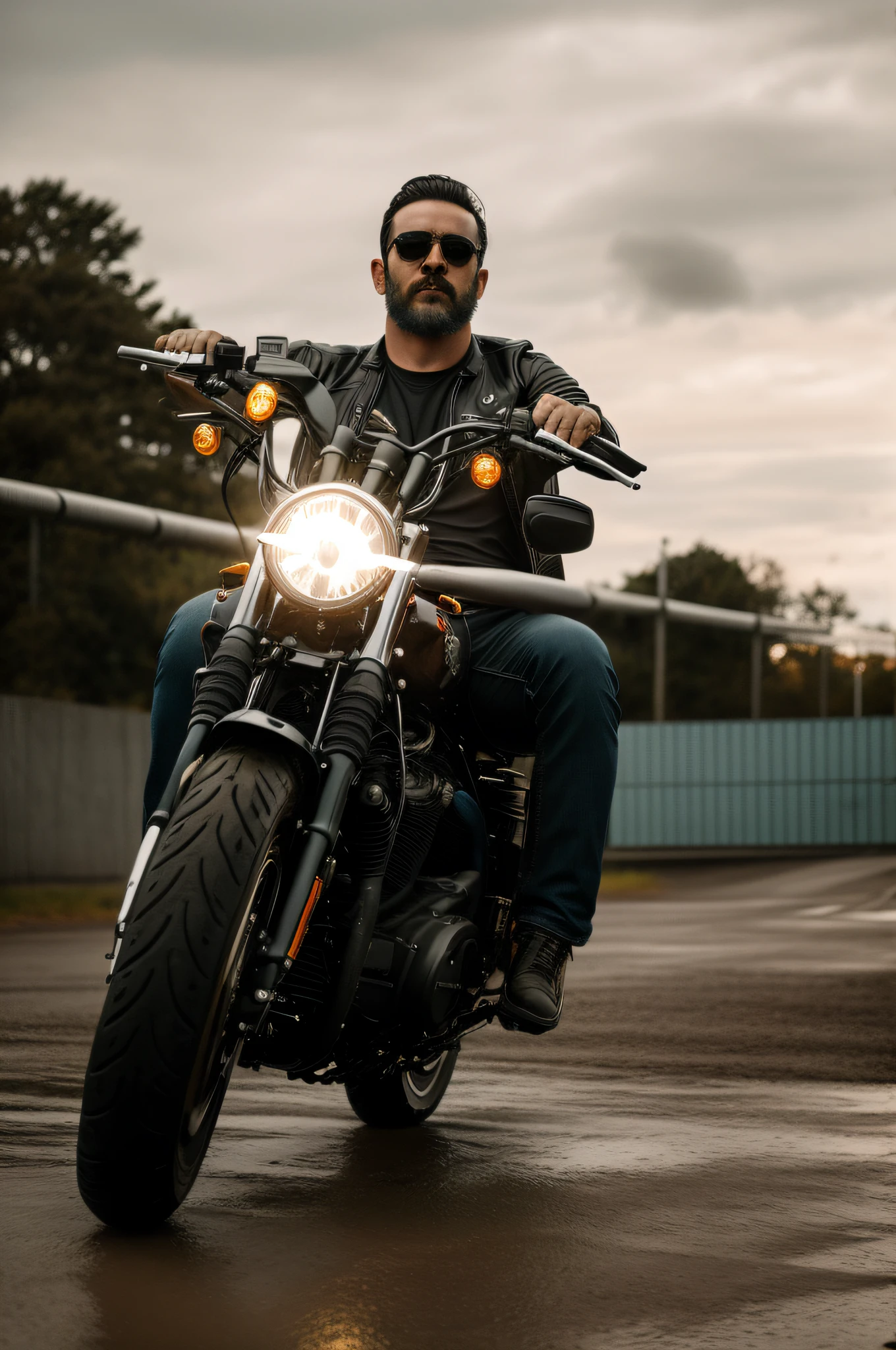 There's a man riding a motorcycle on a wet road, pilotando uma motocicleta, imagem de um motociclista masculino, sentado em uma motocicleta, motocicleta, motociclista, andar de moto, andar de moto por uma rua, pilotando uma motocicleta futurista, Harley Davidson Moto, motociclista, Motocicletas, sentado em moto cyberpunk, Harley Davidson, strong cinematic light, pilotando motocicleta steampunk