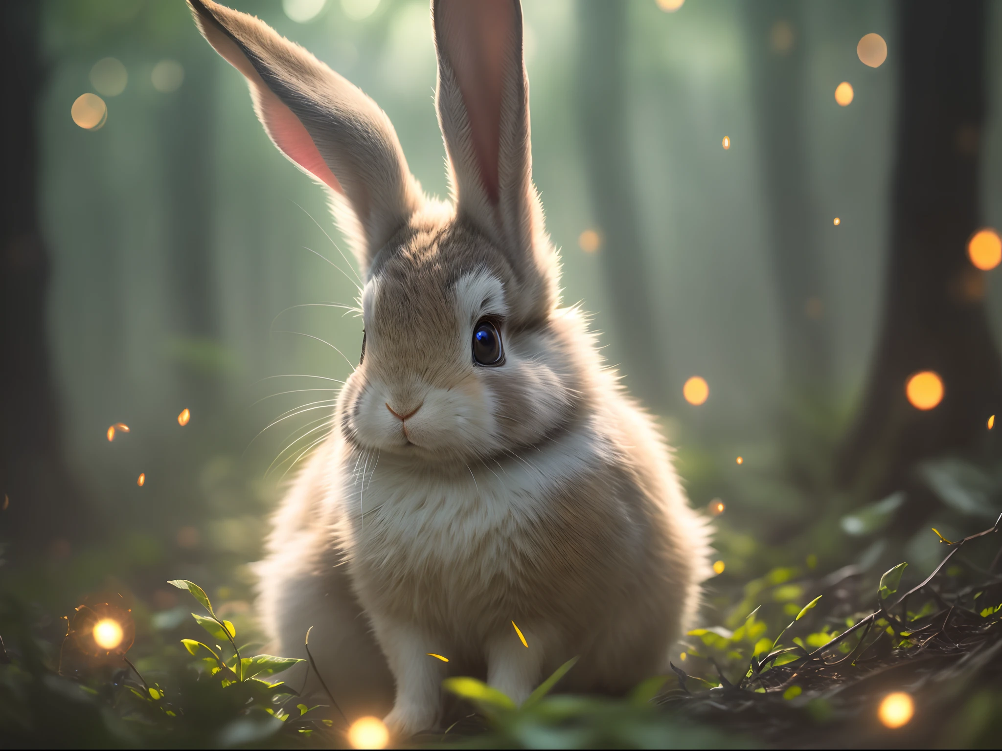 Close up photo of a rabbit in enchanted forest, late night, in the forest, backlight, fireflies, volumetric fog, halo, bloom, dramatic atmosphere, center, rule of thirds, 200mm 1.4f macro shot