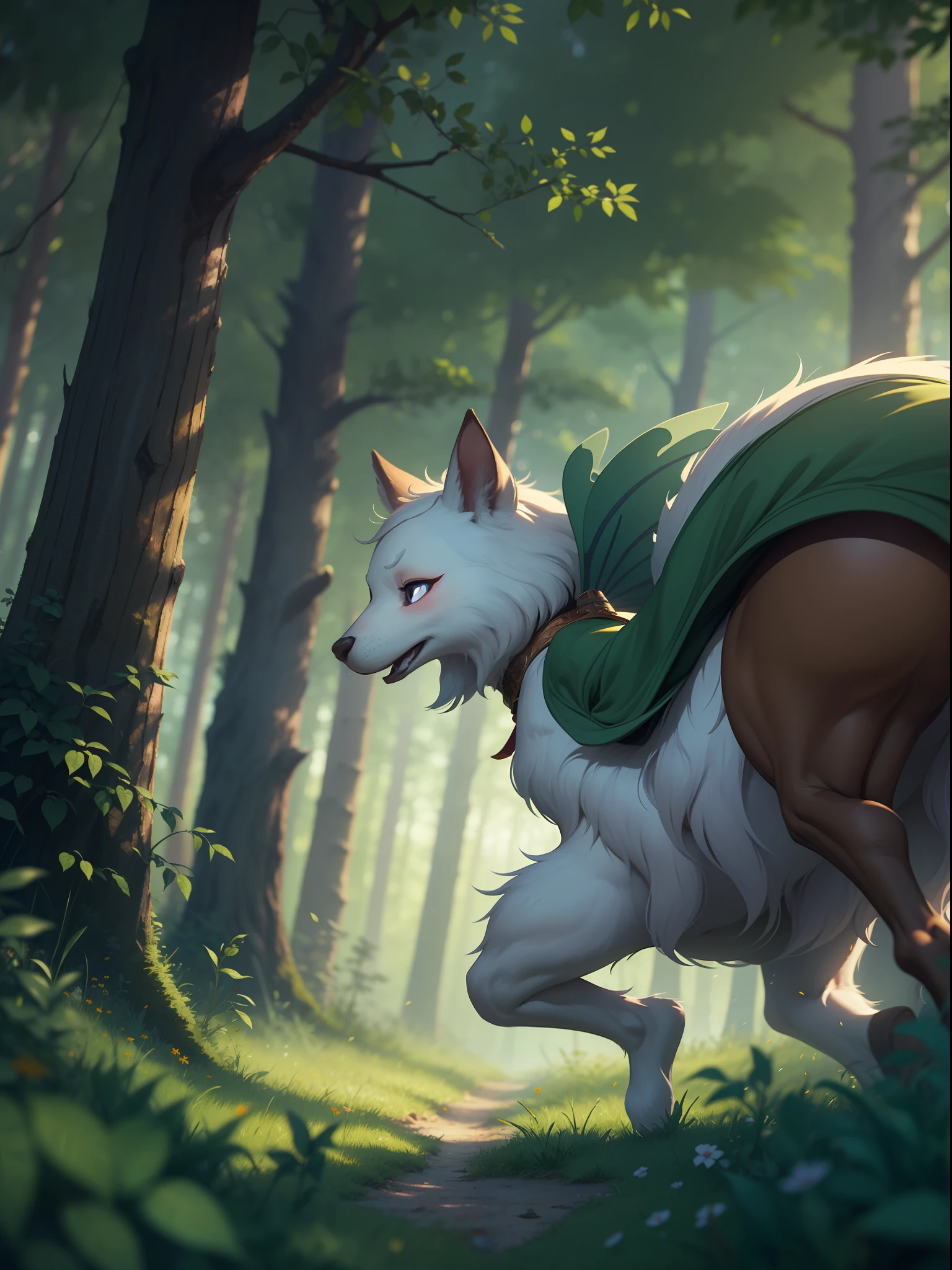 dynamic scene. Russian fairy tale. Close-up of cheerful moving characters. Cartoon style. Super realistic. Cinematic. Very dark blurred forest background. Light haze. 8K --auto --s2