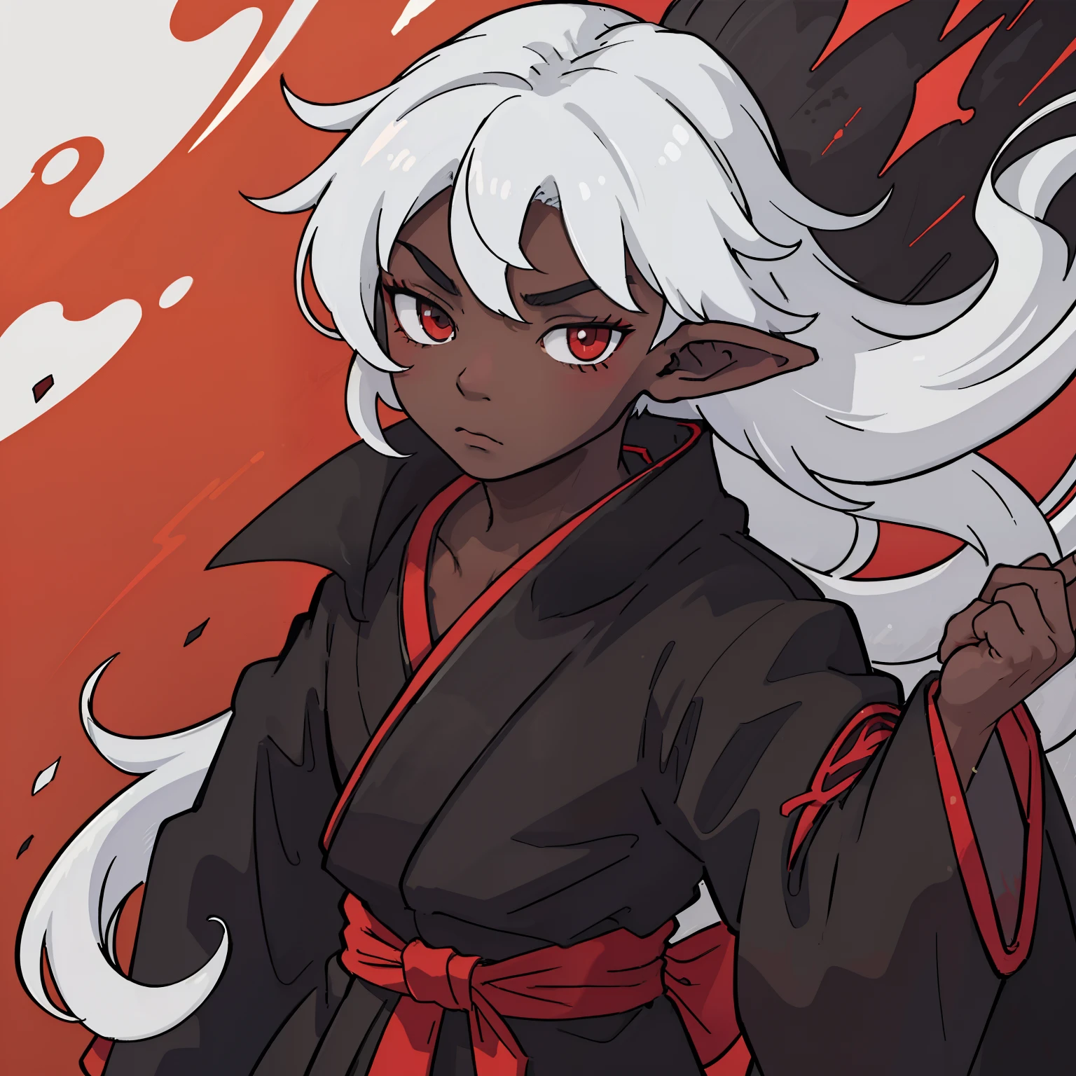 (1 boy), (teenager), (solo), white hair, messy hair, long hair, (dark skin), strong body, black kimono, red details in the black kimono, elf ears, ((high quality)), (very detailed)