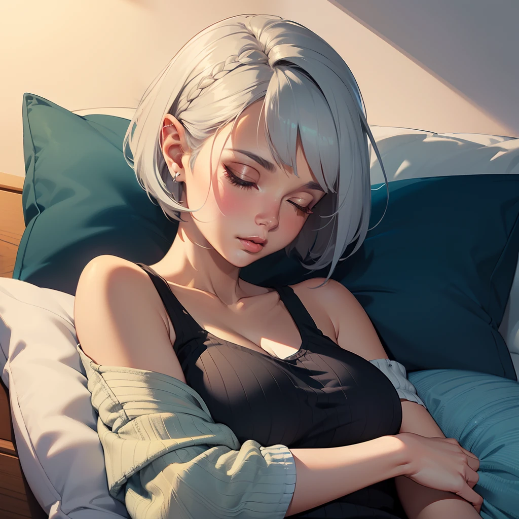 (masterpiece, best quality), photorealistic, cinematic, anime girl, 1 girl, ((wide shot:1.5)), head to toe visibility, perfect anatomy, curvaceous body, alluring, perfect eyes, ((lips slightly parted:1.5)), perfect hands, large breasts, round ass, long round legs, in peaceful slumber, ((the woman with silver hair sleeps serenely:1.5)), ((textured Pixie cut haircut:1.5)), ((her hair cascades over the pillow:1.5)), ((her nightwear is a night shorts with a tank top)), (((hugging a pillow between legs:1.2))), her blanket echoes the calmness of the ocean, a soft aqua color with a delicate pattern resembling ripples on water, cradling her in a sea of dreams, extremely detailed Artgem, ig model, artgem, alena aenami and artgem, krenz cushart and artgem, artgem and atey ghailan