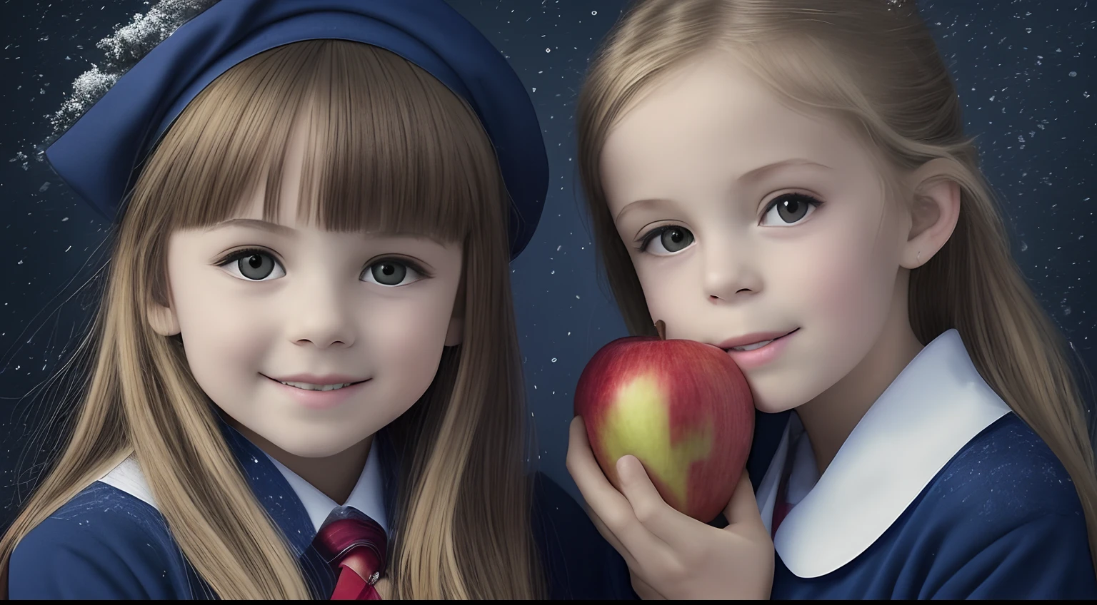 There is a BLONDE girl holding two apples in her hands, eating rotten fruit, holding an apple, with apple, apples, girl wearing uniform, children, photo bank, children, red apples, snow white portrait, wearing school uniform, wearing a school uniform, one holds apple in hand, 3/4 see portrait, children, bank image