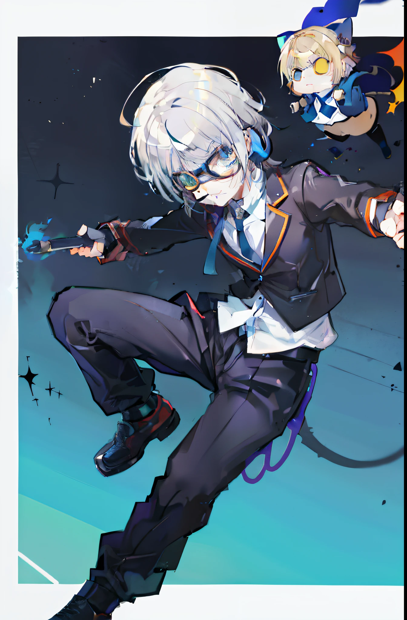 cartoon of a cat with goggles and a tie holding a bat, 2 d sprite, this character has cryokinesis, hero 2 d fanart artsation, character art of maple story, sora as a cat, jrpg character, varguyart style, a silver haired mad, akiyuki shinbou, sprite 2 d, inspired by Kamisaka Sekka