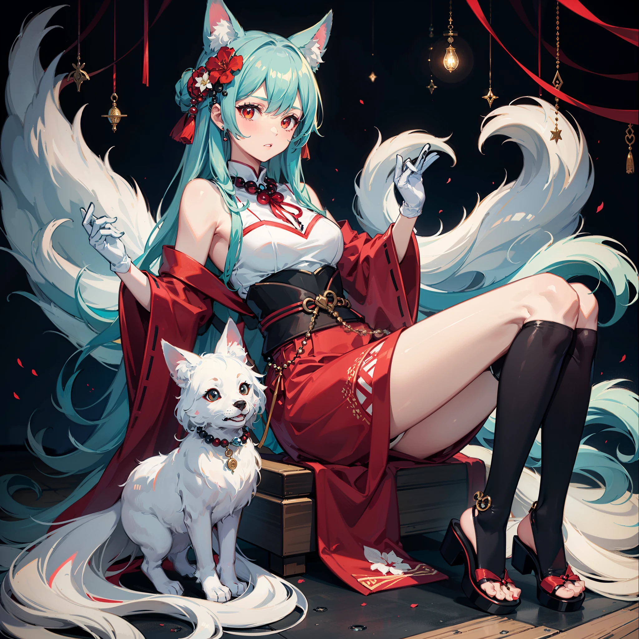 (Extremely delicate and beautiful:1.2),Works of masters,((Spooky atmosphere)),8K, red eyes,White color hair,Cyan Ghost Fire,short detailed hair,fox ear,fox tails,(An off-white skinned:1.5),eye shadows,(White Japanese kimono+Furs),(Latex red gloves),(Prayer beads),Yupei,(kitsune mask),(short red dress+Moire pattern),(latex legwear),clogs,(vignettes),eyeball,