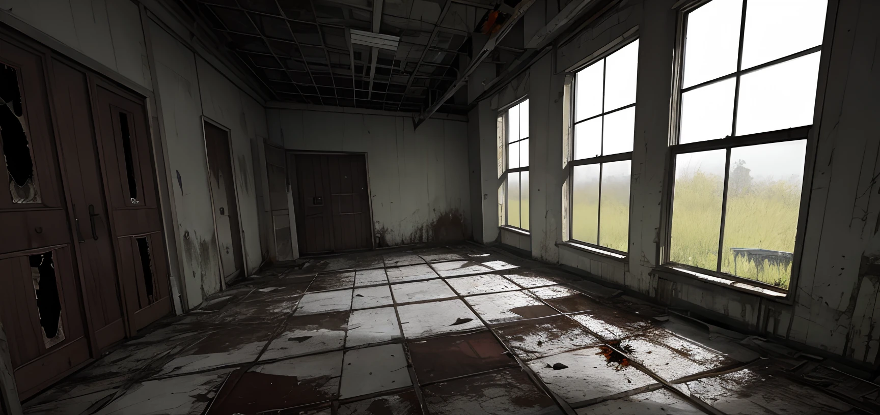 (masterpiece, best quality:1.3), (horror \(theme\):1.2), (abandoned hospital, moss, blood splatter, bloodstain,), night sky, beds, wide shot, dynamic angle,