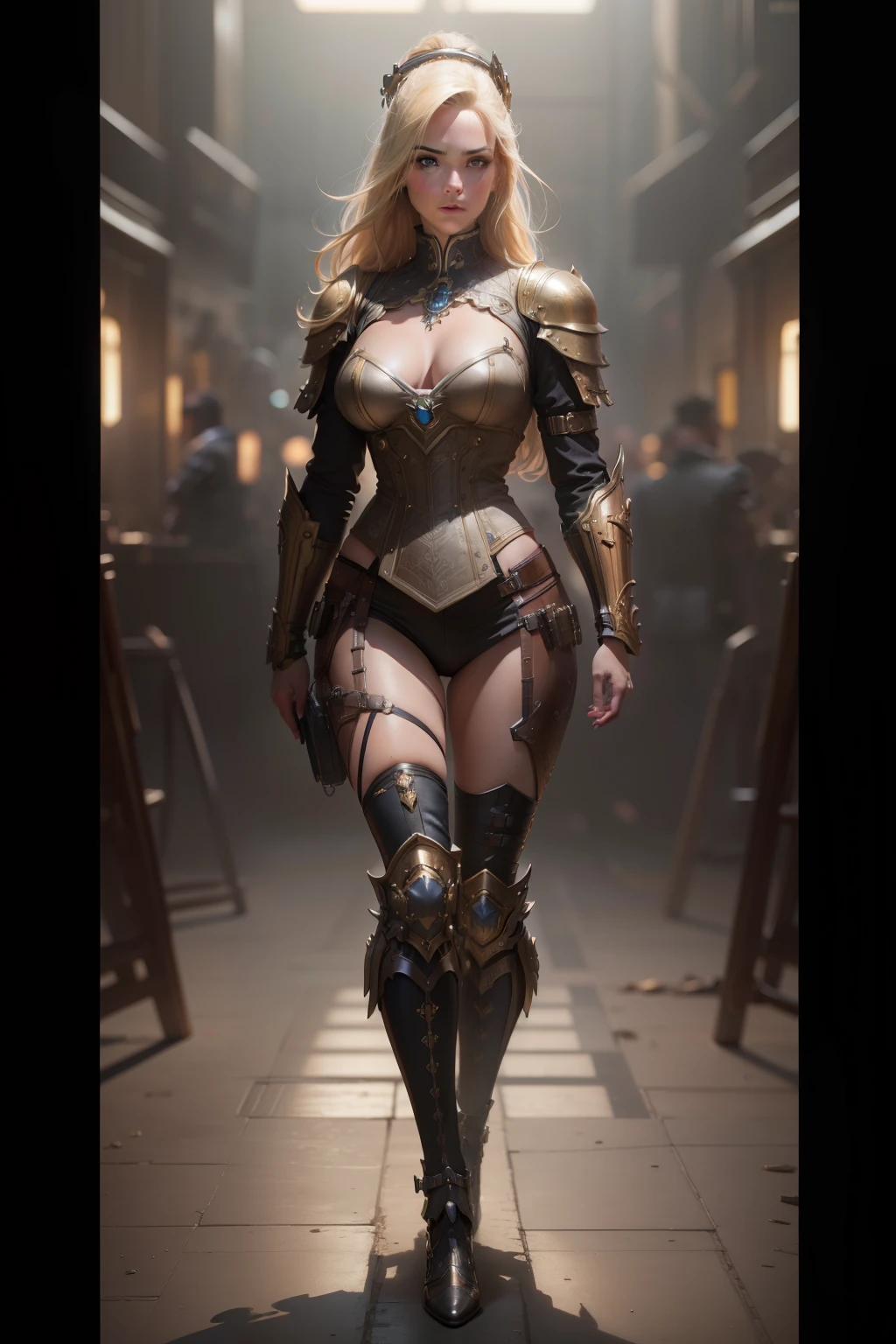 ((FULL BODY)), best quality, masterpiece, (photorealistic: 1.4), RAW photo, 8k, BLONDE GIRL WITH SHOULDER PADS OF STEEL STEAMPUNK, trending on artstation, sharp focus, studio photo, intricate details, highly detailed, by greg rutkowski