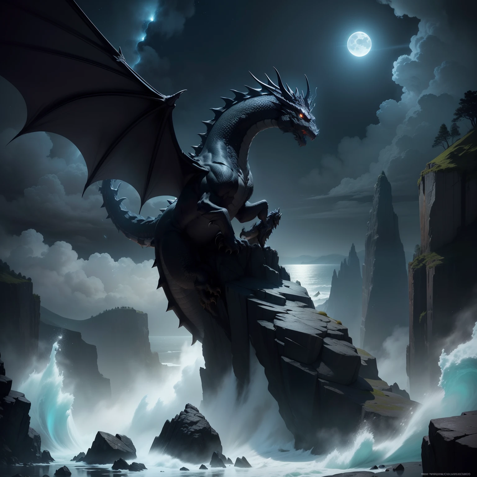 A Black Dragon, majestoso e imponente, flies in the night sky over a steep cliff.

description: The Black Dragon, com escamas que refletem a luz da lua, Dominates the night sky. Suas asas imensas batem poderosamente, creating drafts that make the trees below shake. Seu corpo musculoso e serpenteante se destaca contra o horizonte estrelado.

The dragon hovers in the air, seu olhar penetrante e feroz varrendo a paisagem abaixo. Seu focinho, pontiagudo e cheio de dentes afiados, exhales black smoke, creating a dramatic contrast to the night. Its sharp claws glow in the moonlight., prontas para aterrissar em qualquer presa desafortunada.

Behind the dragon, encontra-se um penhasco imponente, with vertical walls that plunge towards a rough sea. The sound of waves crashing against the rocks echoes in the distance. The mist speckled with white foam rises from the sea, creating a mysterious and dramatic scenario.

No horizonte, as estrelas brilham intensamente, dotting the dark sky and further highlighting the majestic presence of the dragon. darkness envelops the scene, creating an atmosphere of mystery and imminent danger.

Although I can't create a visual image for you, I hope this description helps you imagine the scene of the dragon flying over the cliff in a hyper-realistic way in your mind.