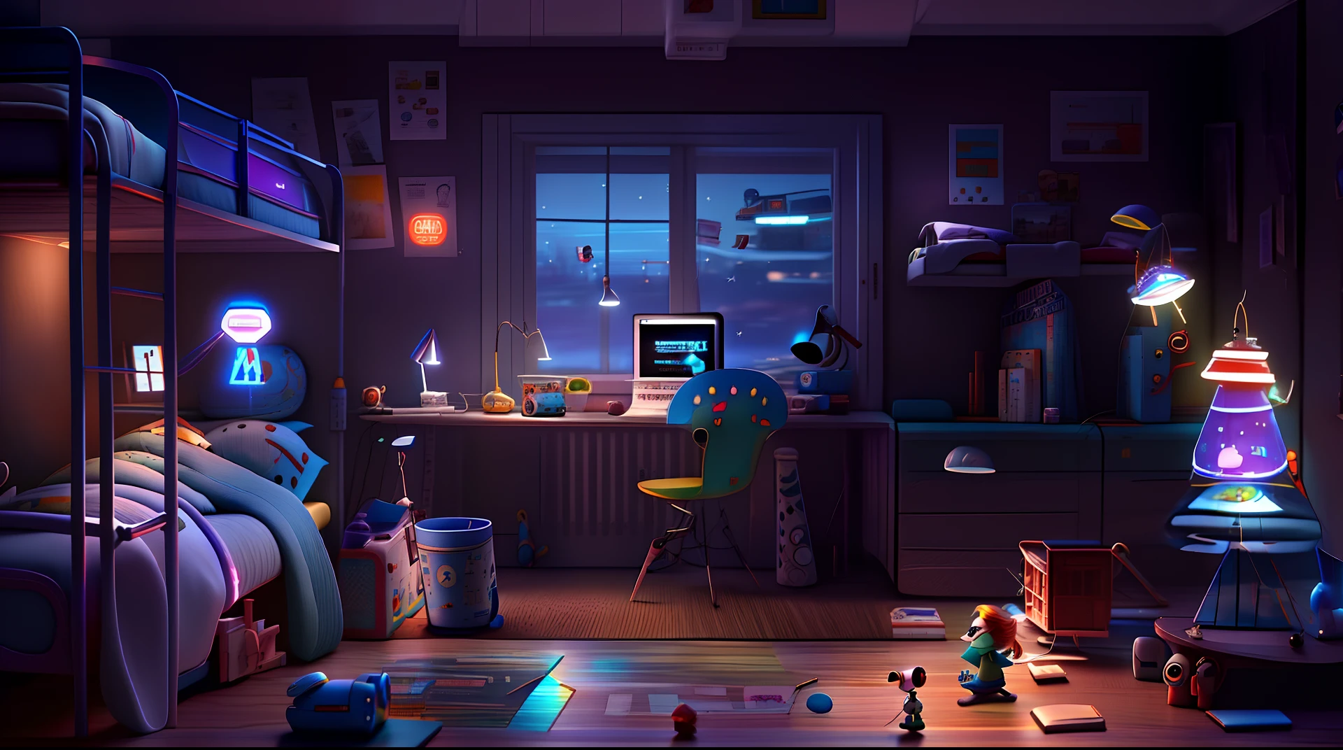 There is a bedroom with a bunk bed and a table with a lamp, quarto adolescente cyberpunk, fundo da sala pessoal, renderman Pixar renderman, quarto infantil cyberpunk, foto Pixar 8K, foto Disney Pixar 8K, Chaotic Teen Room, Pixar altamente detalhado, In the window space with planets, high quality desktop wallpaper, panorama do filme Pixar, pixar film setting, 8K HD Wallpaper Arte Digital