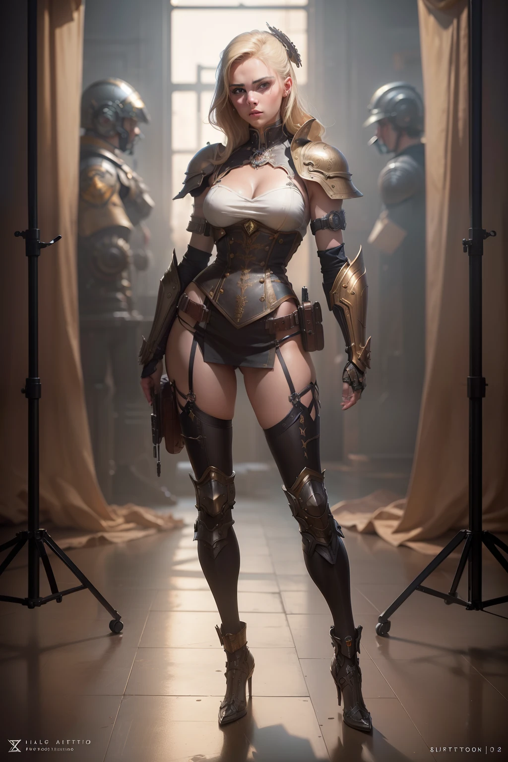 ((FULL BODY)), best quality, masterpiece, (photorealistic: 1.4), RAW photo, 8k, BLONDE GIRL WITH SHOULDER PADS OF STEEL STEAMPUNK, trending on artstation, sharp focus, studio photo, intricate details, highly detailed, by greg rutkowski