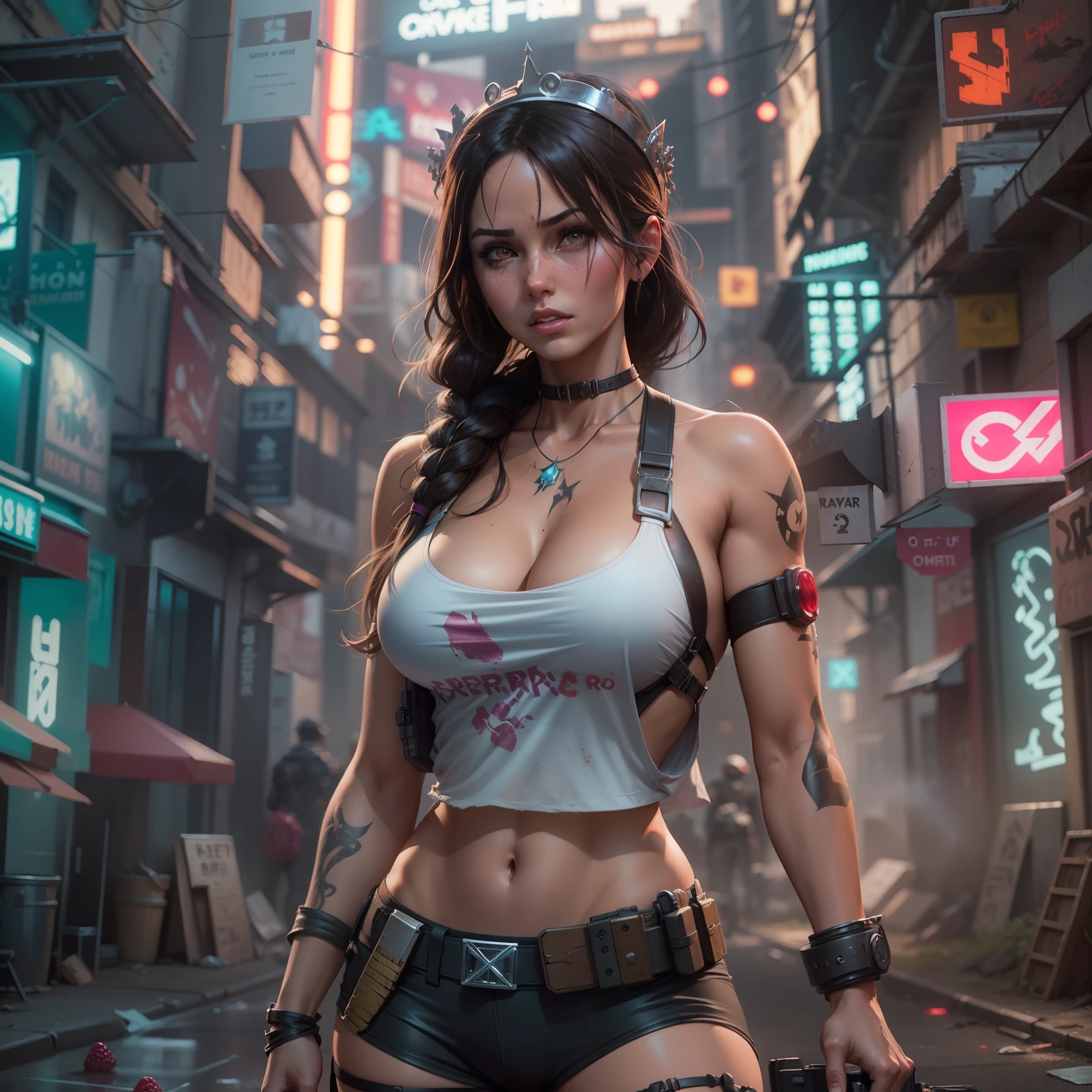 Lara Croft, Tomb Raideras a manga style 3d bikini anime look, very big eyes as a open outfit and, graffiti background of neon usa doomed street, laying on road clevage show, Miki Asai Macro milk and raspberry, very big breast background, epic royal background, big royal uncropped crown, royal jewelry, robotic, nature, full shot, symmetrical, Greg Rutkowski, Charlie Bowater, Beeple, Unreal 5, hyperrealistic, dynamic lighting, fantasy art