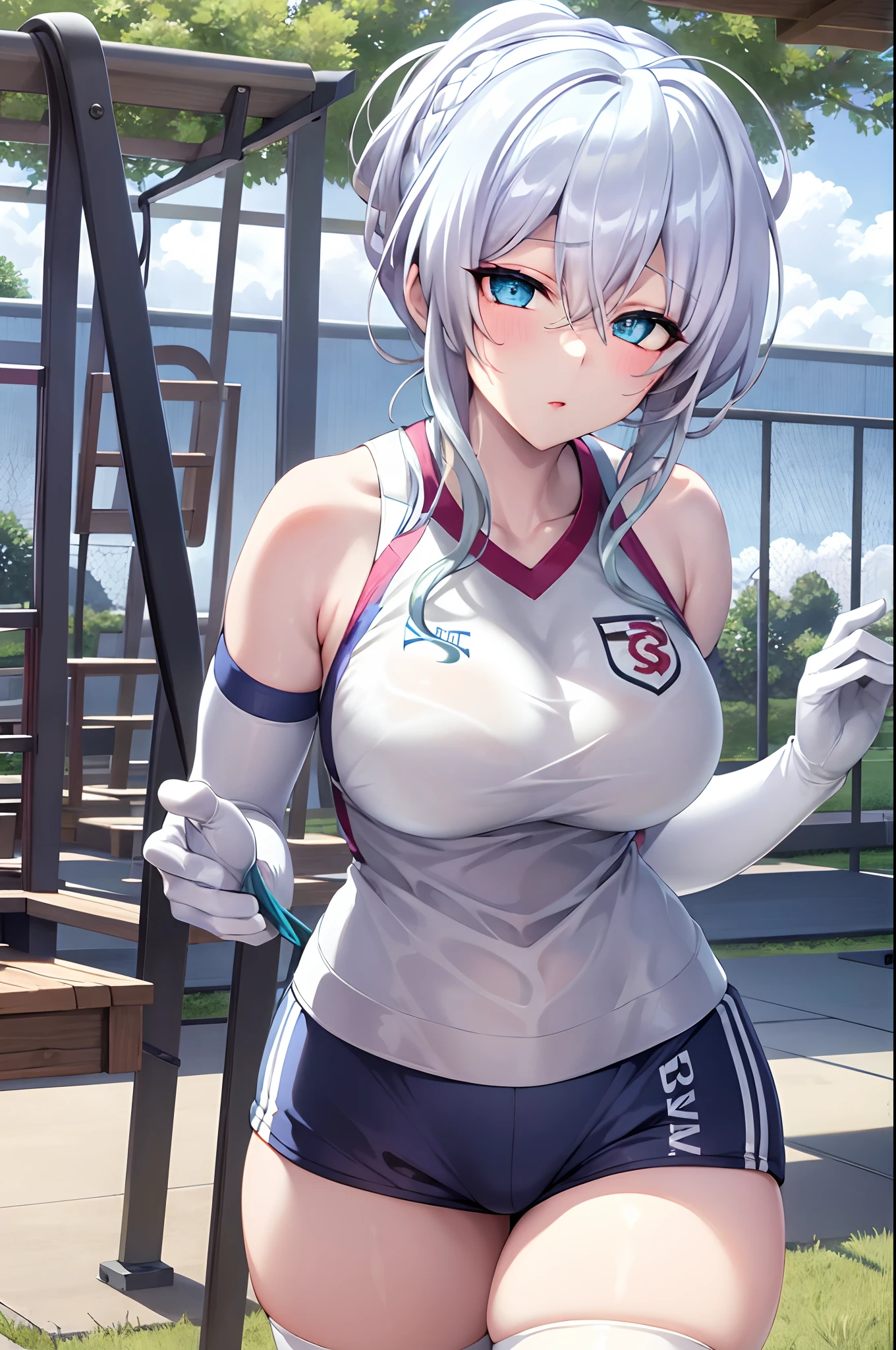 masterpiece, best quality, highres, Yukino, silver hair, blue eyes, short hair, symbol-shaped pupils, +_+, large breasts, gym uniform, white shirt, sleeveless, white gloves, elbow gloves, white shorts, gym shorts, short shorts, white thighhighs, outdoor, playground, grass, cowboy shot, standing, leaning forward, armpit