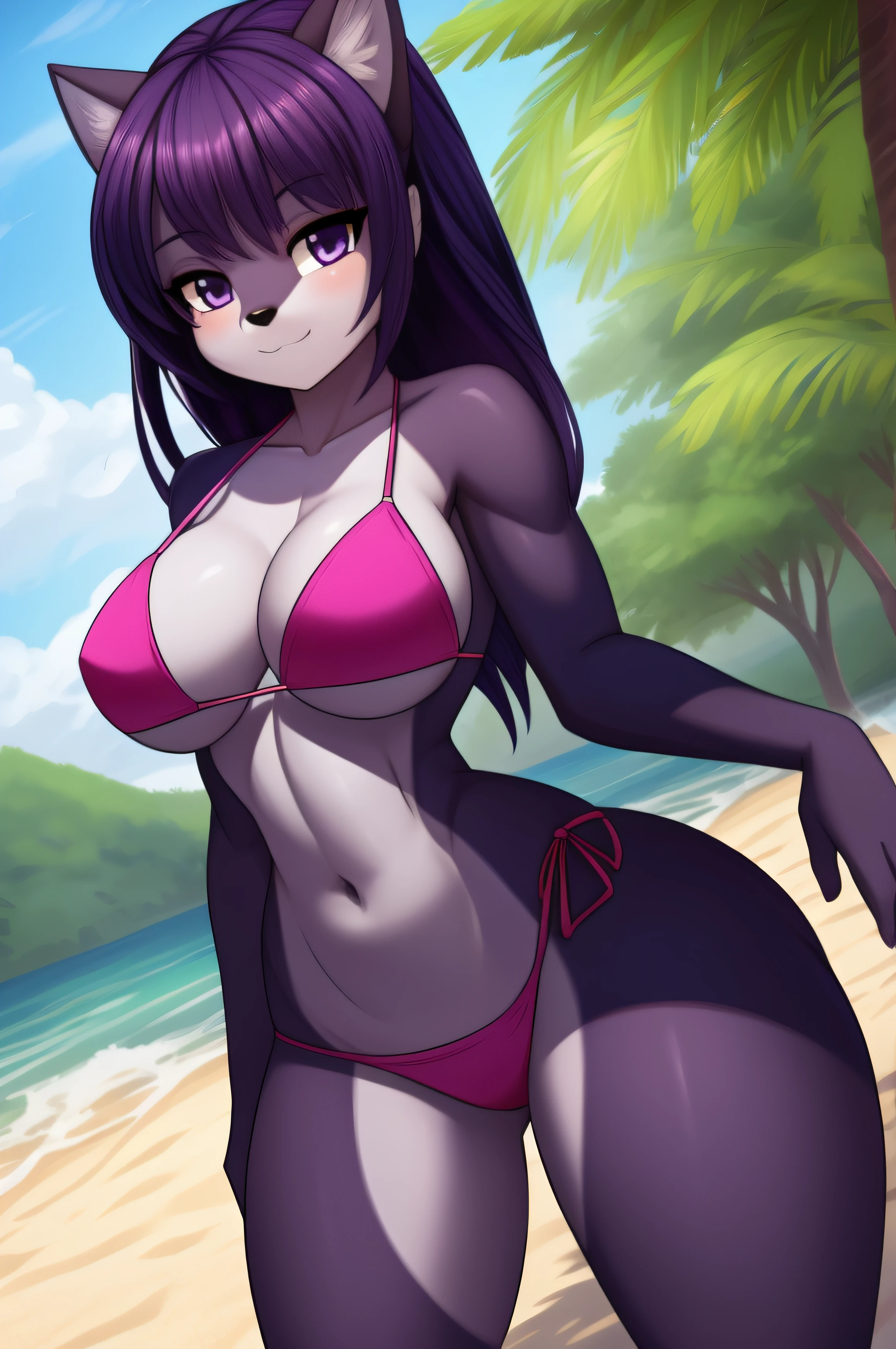 Cute , , bikini , thick butt , cute , beautiful breast , dark purple hair with black accents , curvy body , perfect curves, thin waist, athletics thighs