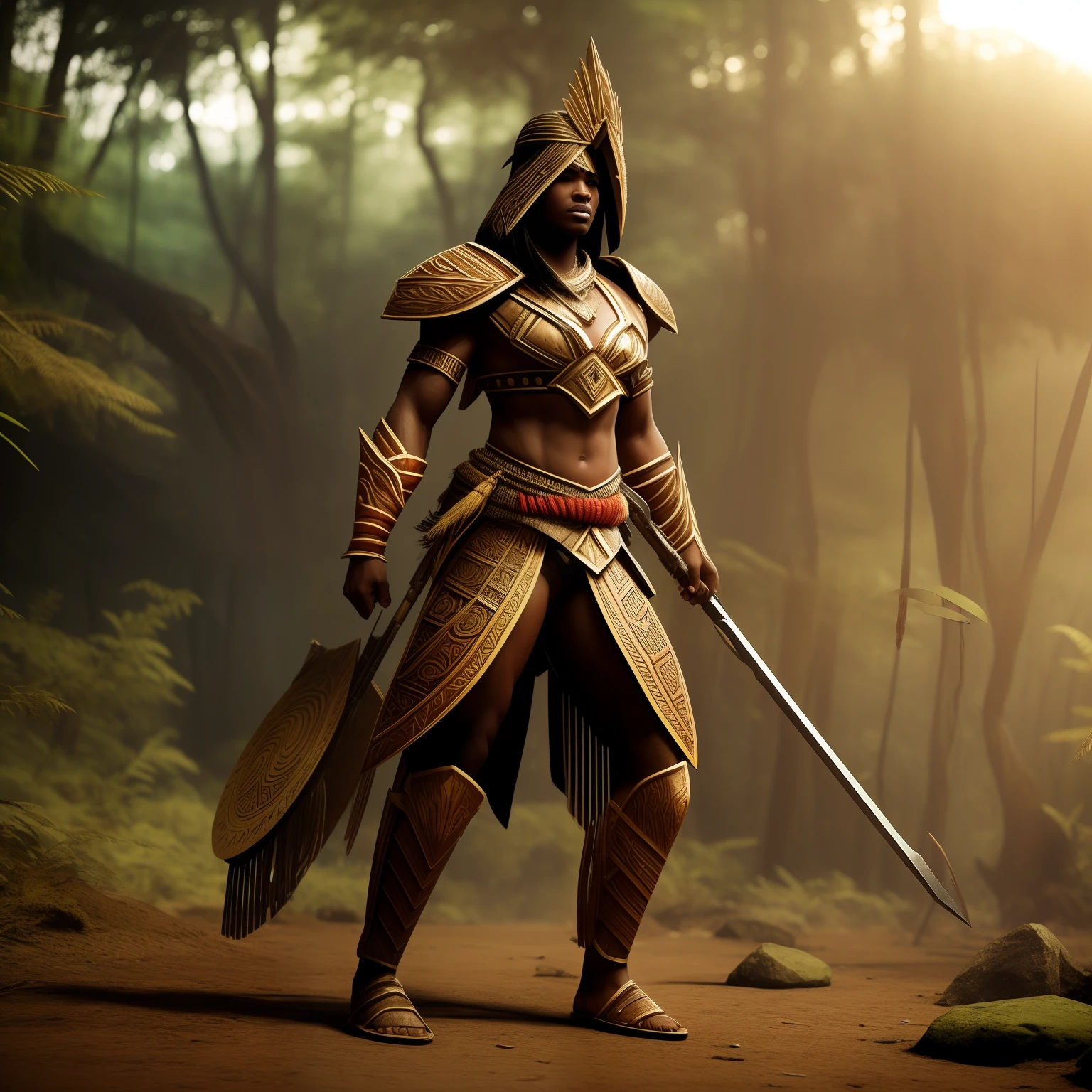 hermosa, sexy, Full-body African Zulu warrior, cuerpo estilizado, dressed in a characteristic outfit carrying a deadly spear, agazapada en la jungla asechando a su presa, gran angular, ultra detallada, imagen 3 D, 34K resolution, octanaje renderizado, detalle intricado, volumetric illumination, Efecto Vidrio roto. Photo style 50mm lens, apertura F 2.5. Sugerencias: No debe salir: Borroso, 2 cabezas, 2 caras, Anatomy bag, malas proporciones, mal arte, mal dibujado, cara mal dibujada, mutado, mutilado, extremidades extras, extremidades perdidas, extremidades, flotantes, extremidades fusionadas, fuera de foco, low res, cardboard, plastic