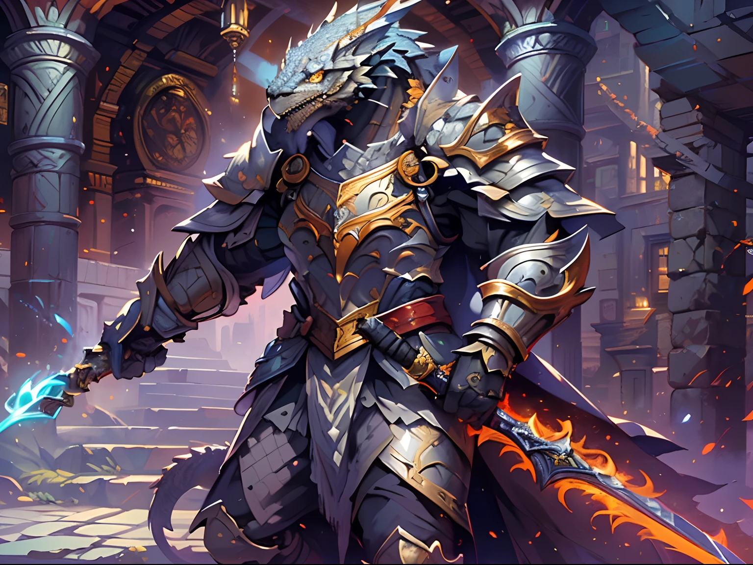 arafed high details, best quality, 8k, [ultra detailed], masterpiece, best quality, (extremely detailed), dynamic angle, ultra wide shot, photorealistic, RAW, fantasy art, dnd art, fantasy art, realistic art, a wide angle picture of a dragonborn paladin ready for battle, full body  (intense details, Masterpiece, best quality: 1.5), D&D dragonborn, silver dragonborn, dynamic eyes color, reptilian eyes, ultra detailed face  (intense details, Masterpiece, best quality: 1.5), wearing heavy armor, white armor, wearing cloak, long cloak, flowing cloak, dynamic colors, armed with sword  (intense details, Masterpiece, best quality: 1.5), holy avenger sword, sword with yellow magical aura (intense details, Masterpiece, best quality: 1.5), holding a shield  (intense details, Masterpiece, best quality: 1.5), dark fantasy temple background, evil temple background (intense details, Masterpiece, best quality: 1.5), sense of action, atmosphere of danger