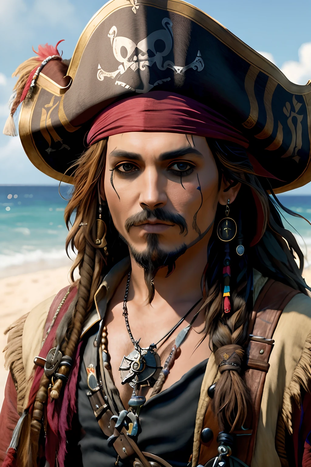 pirates of the caribbean captain jack sparrow, Jack Pardal, captain jack sparrow, retrato pirata, portrait of captain jack sparrow, sea of thieves style, sea of thieves, pirata, Piratas do Caribe, Piratas do Caribe, Iconic character of high detail, um pirata, 8 k uhd detalhes do caractere, Pirate Captain, 8k portrait render, Jim Carrey como Jack Sparrow