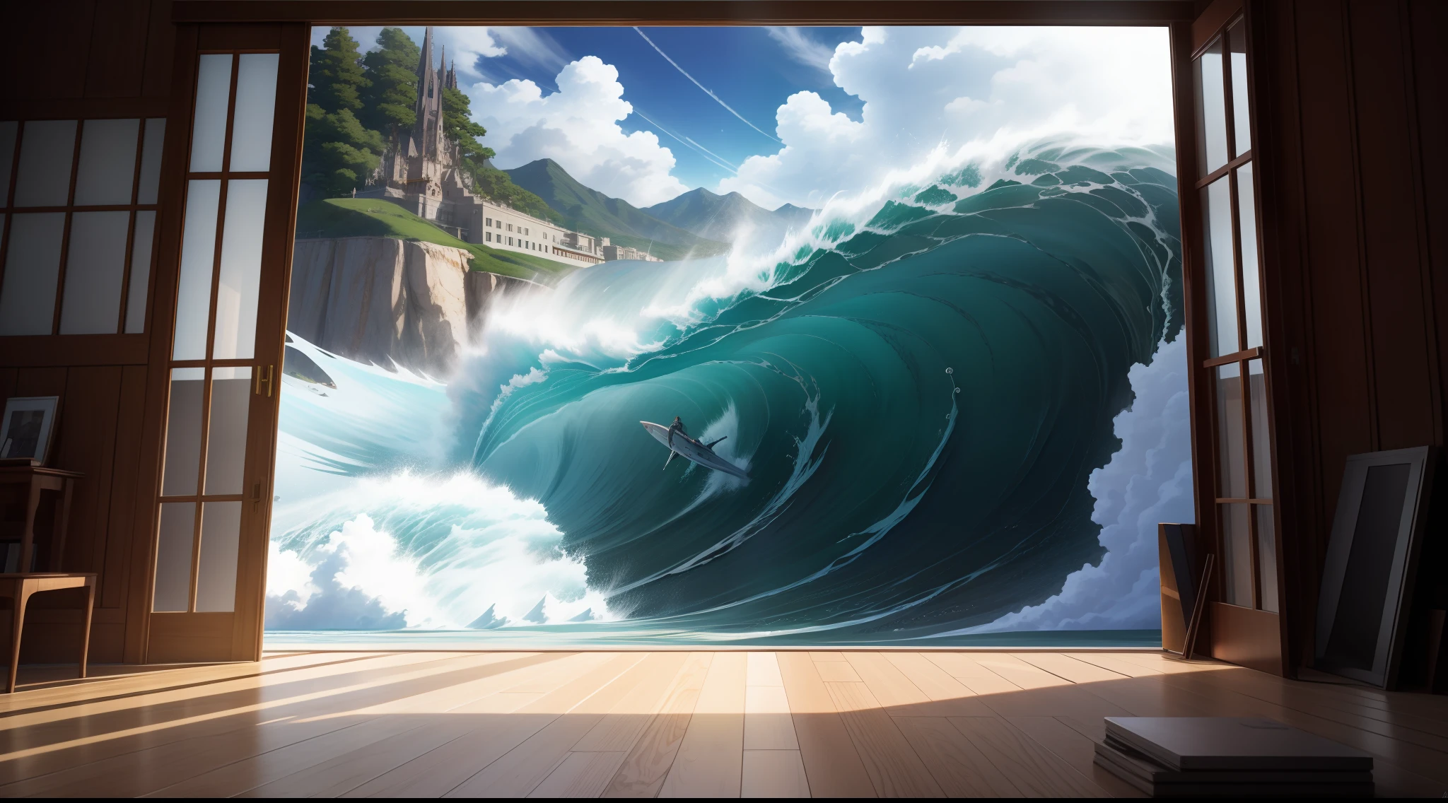 masterpiece, best quality, high quality, extremely detailed CG wallpaper unit with big waves 8k, bedroom, interiors, sky, cloud, day, no humans, apt, landscape, Bokeh, HDR, bloom, chromatic aberration, photorealistic, extremely detailed, trend in artstation, trend in CGsociety, high detail, art by midjourney, science, comfory, pixiv, a room full of hobbies