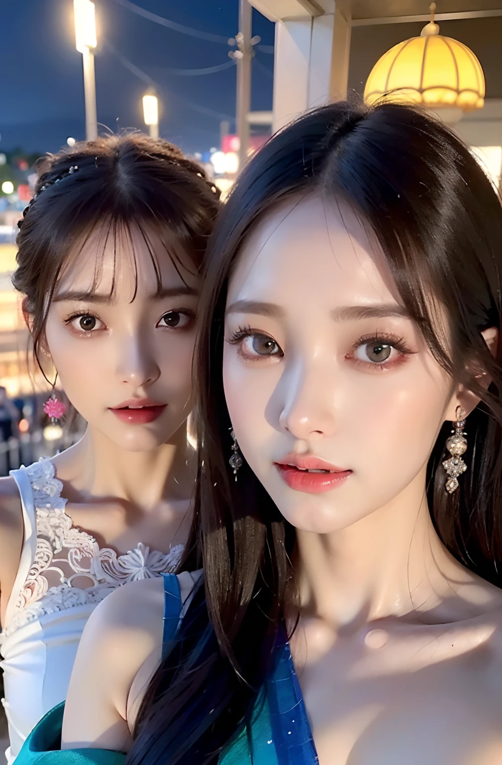 shukezouma, rendering by octane, nffsw, (ultra - detailed:1.15), (Soft light, sharp:1.2), (((duo,Beautiful girl taking selfie in night view of two women in costumes, Hyper Detail Eyes, Mature, Painting drops, paint teardrops, woman made up from paint, entirely paint, Splat, Splash, long colored hair,paint bulb,paint drops, Exposed shoulders, Tears,Shoulders are visible, Thighs exposed, seminude, focus on face, Beautiful face, eyeshadows, Outline of a dark circle, russian face, Russian girl, mascara, Beautiful, 20age