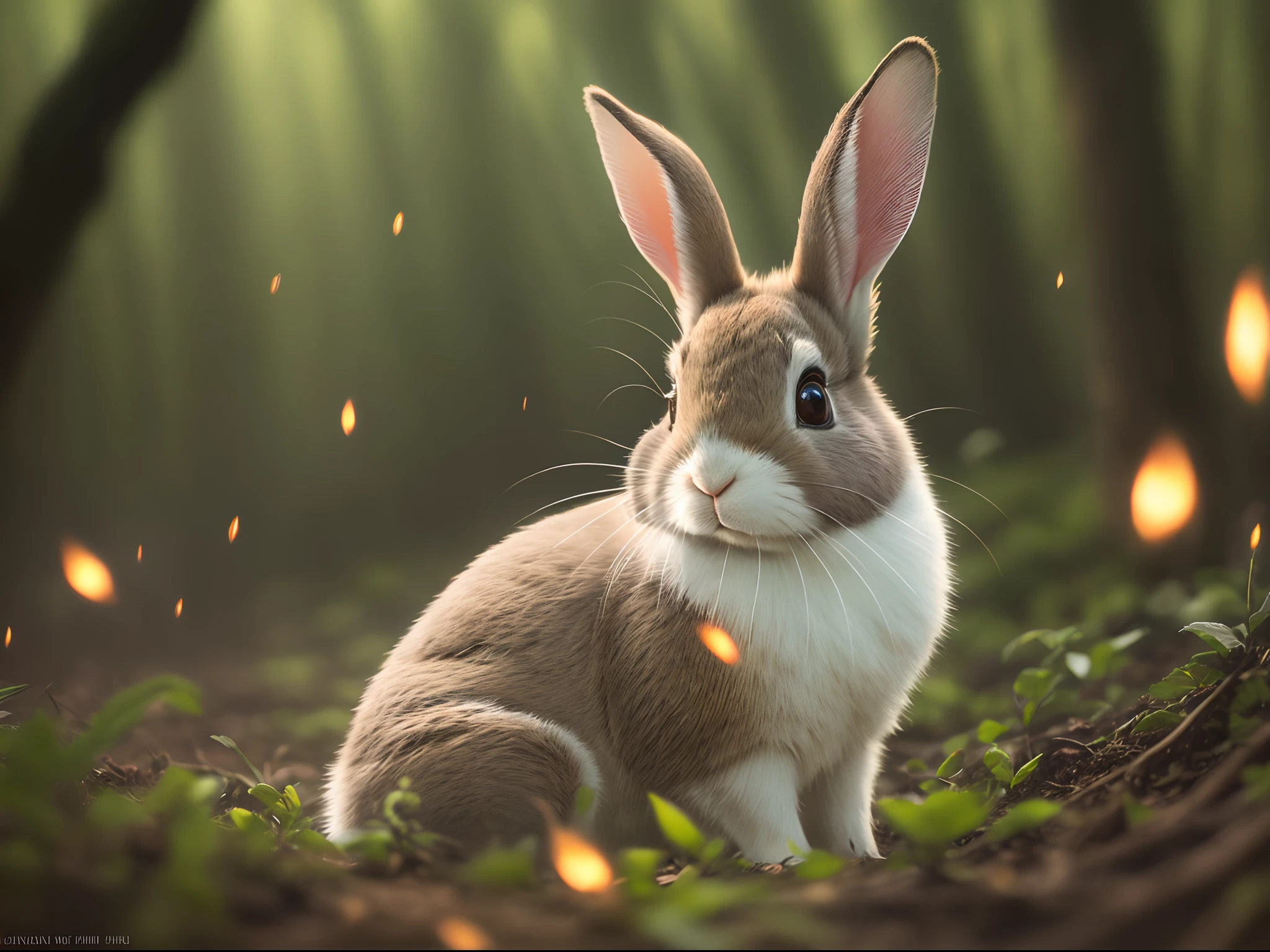 Close up photo of a rabbit in enchanted forest, late night, in the forest, backlight, fireflies, volumetric fog, halo, bloom, dramatic atmosphere, center, rule of thirds, 200mm 1.4f macro shot